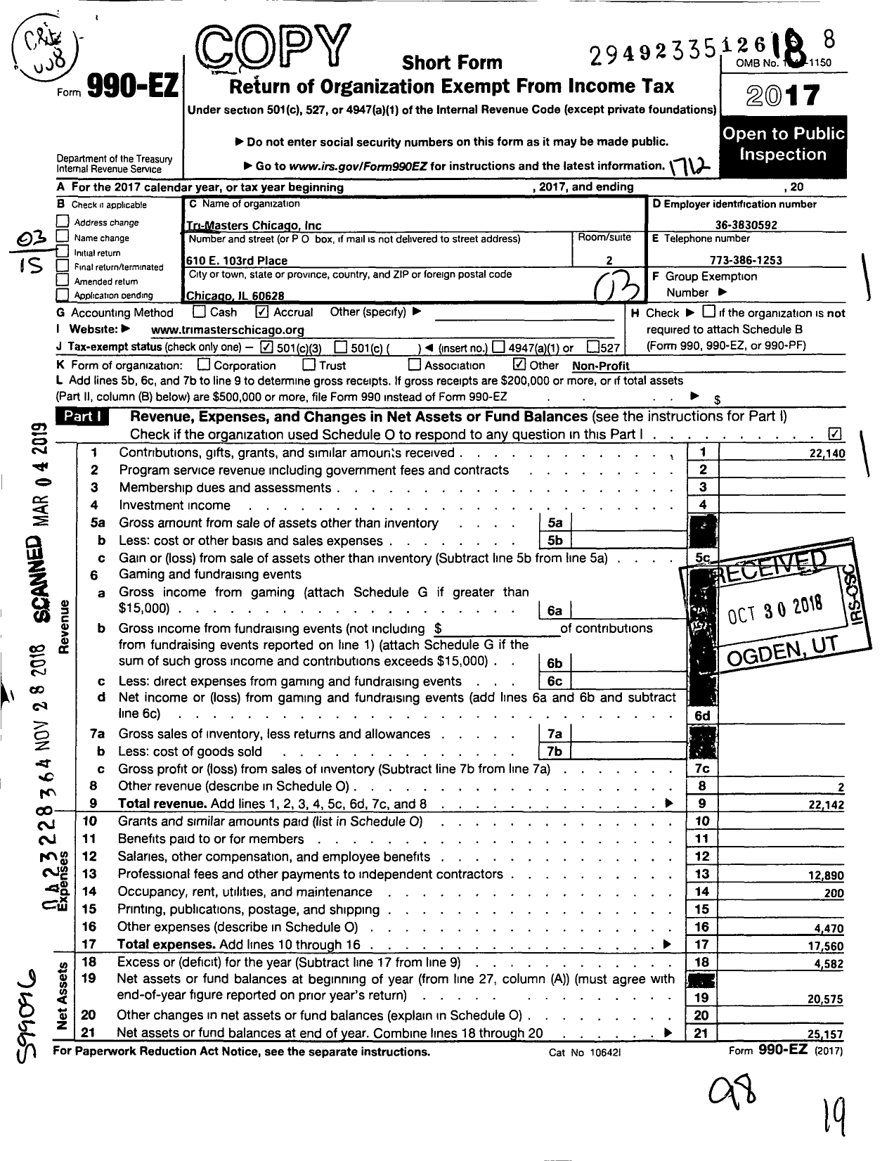 Image of first page of 2017 Form 990EZ for Tri-Masters Chicago