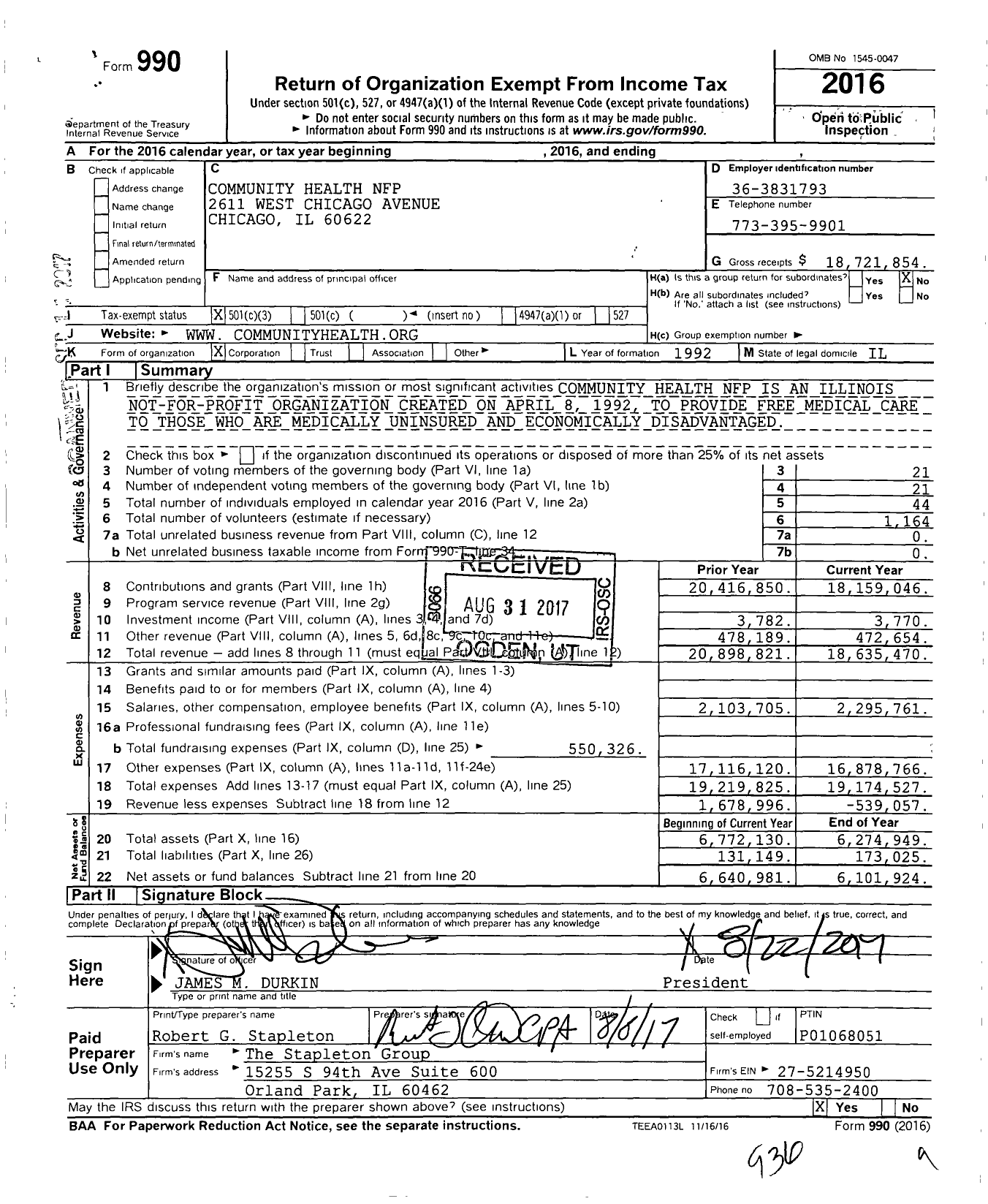 Image of first page of 2016 Form 990 for Community Health NFP