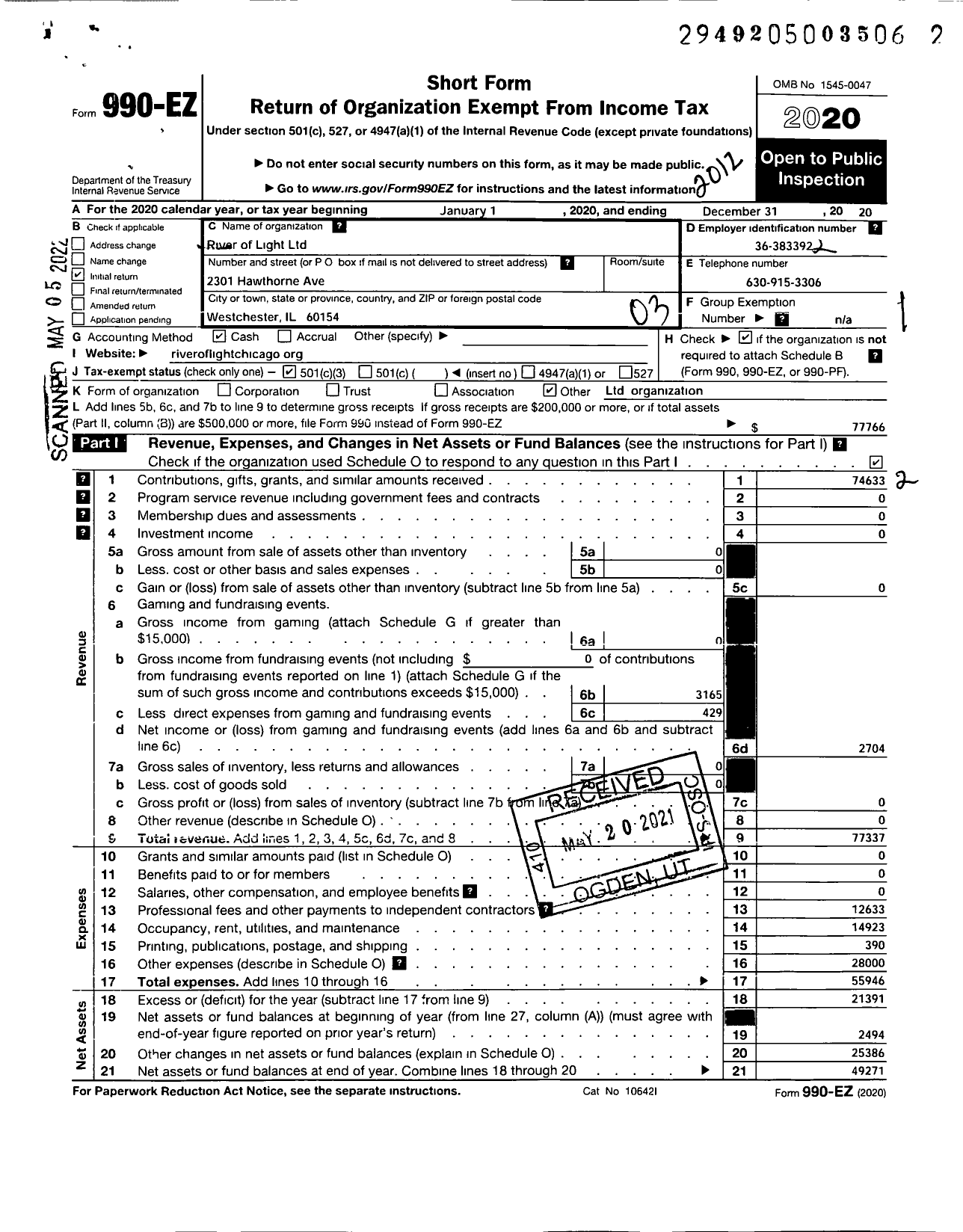 Image of first page of 2020 Form 990EZ for River of Light