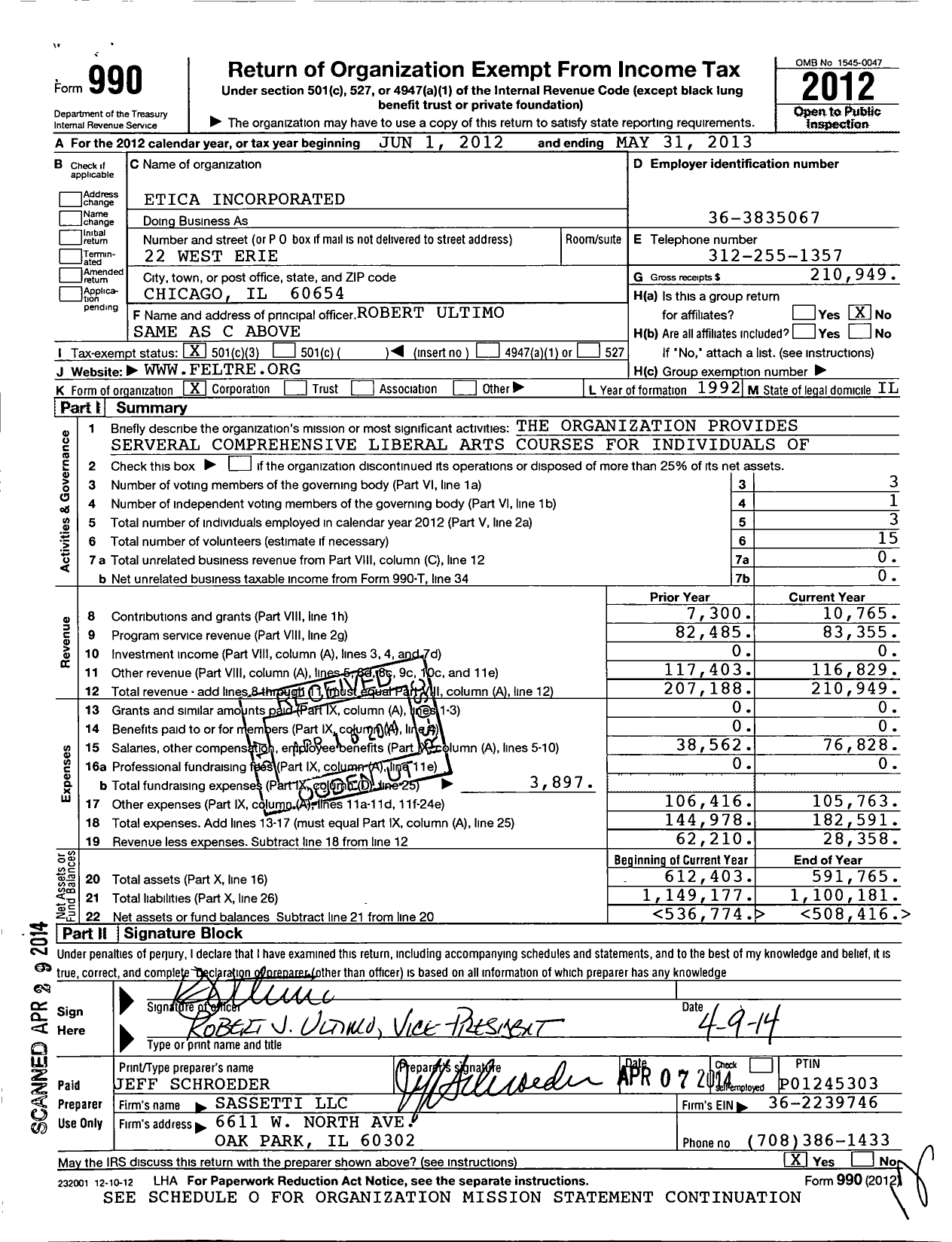 Image of first page of 2012 Form 990 for Etica Incorporated