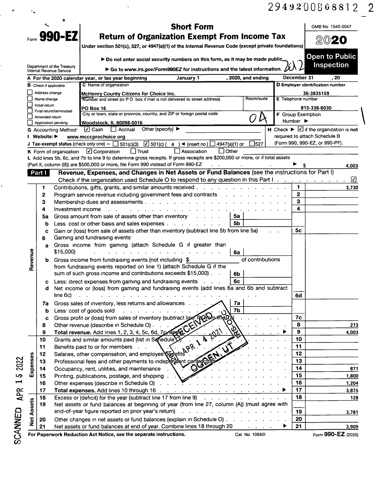 Image of first page of 2020 Form 990EO for Mchenry County Citizens for Choice