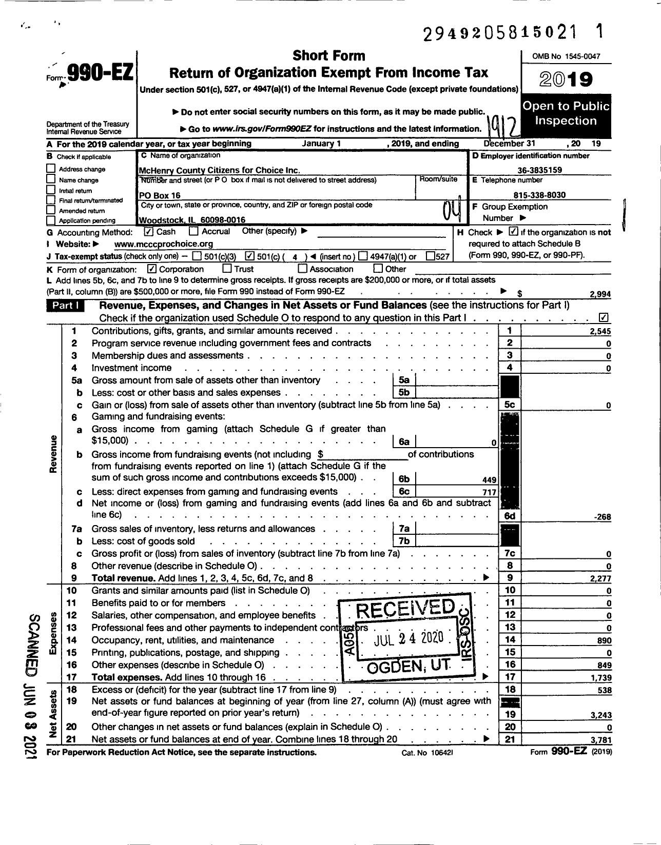 Image of first page of 2019 Form 990EO for Mchenry County Citizens for Choice
