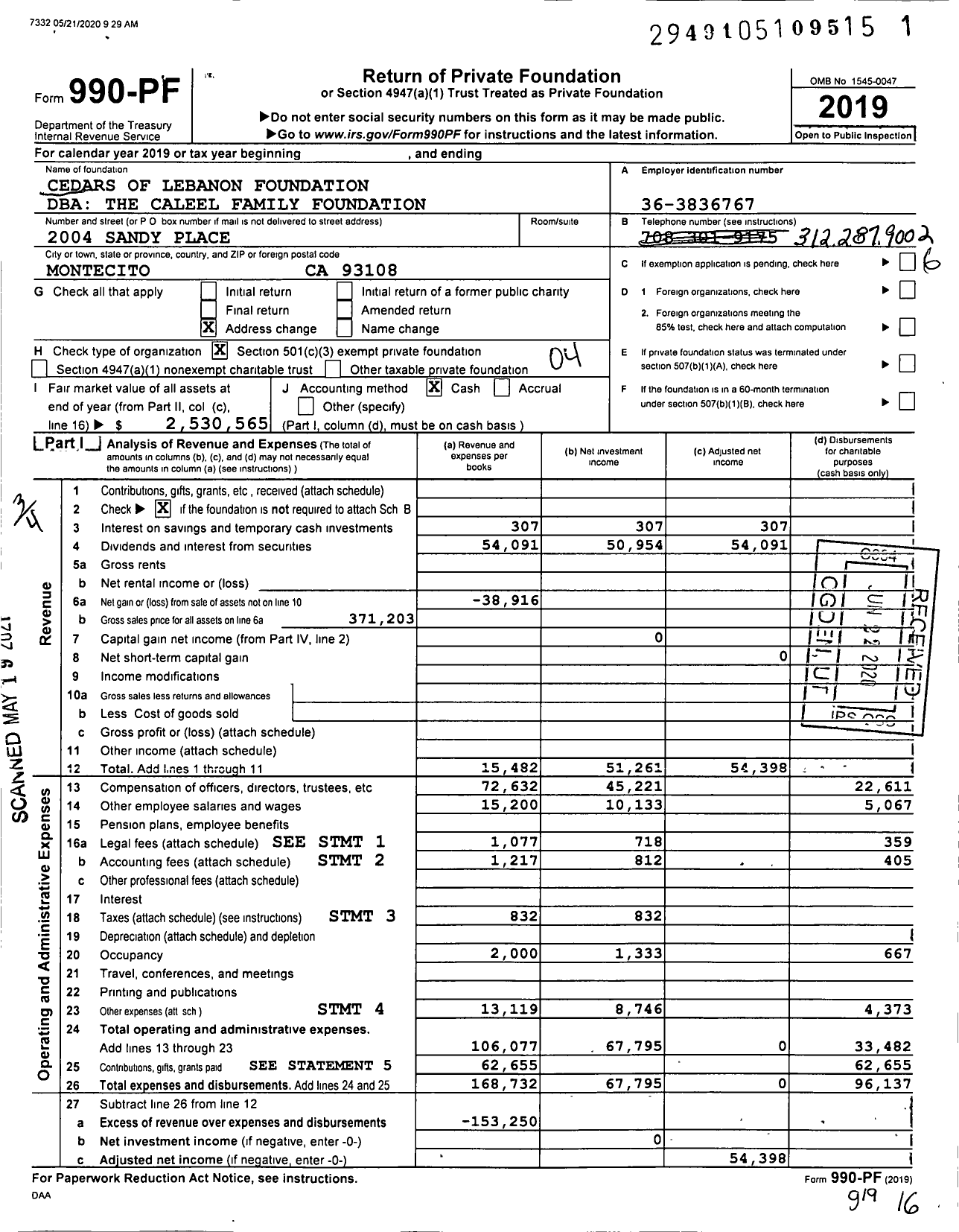 Image of first page of 2019 Form 990PF for Annette and Richard T Caleel Family FDTN