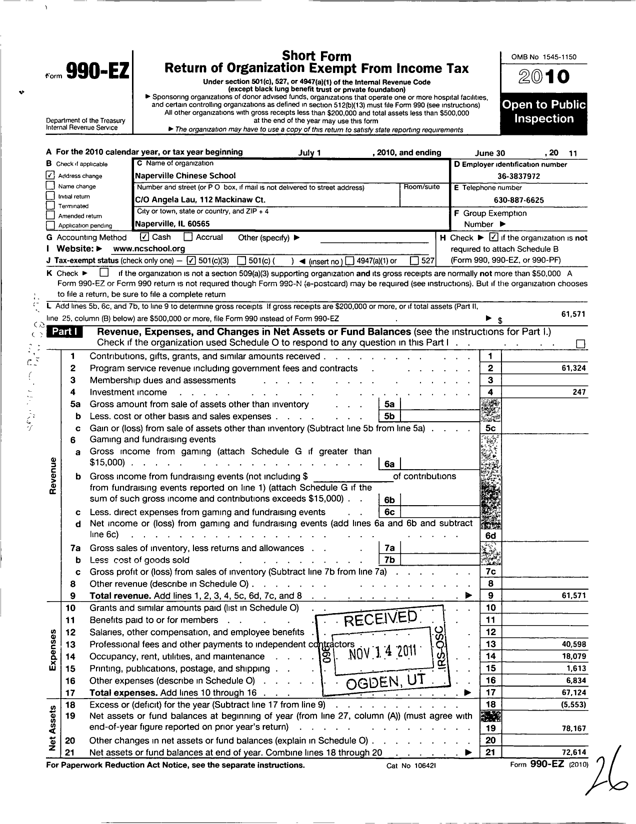 Image of first page of 2010 Form 990EZ for Naperville Chinese School