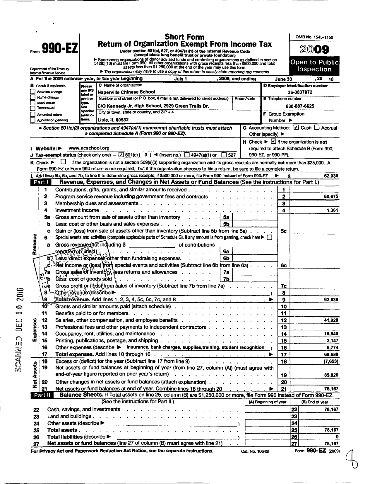 Image of first page of 2009 Form 990EZ for Naperville Chinese School co Kennedy Jr High School