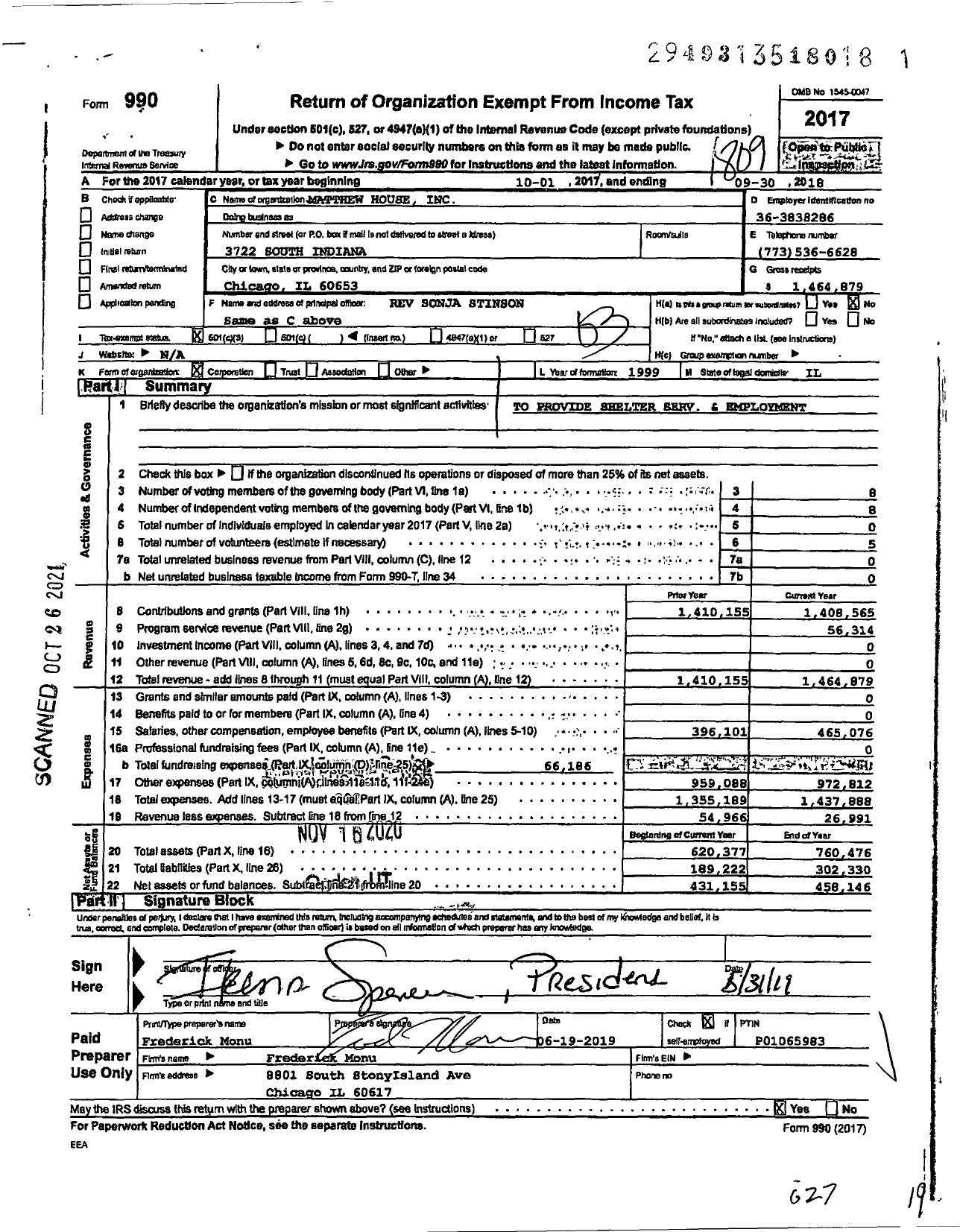 Image of first page of 2017 Form 990 for Matthew House