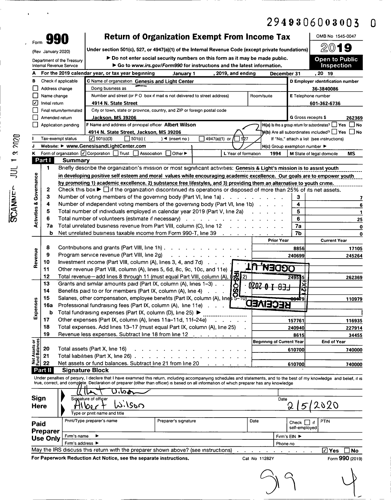 Image of first page of 2019 Form 990 for Genesis and Light Center