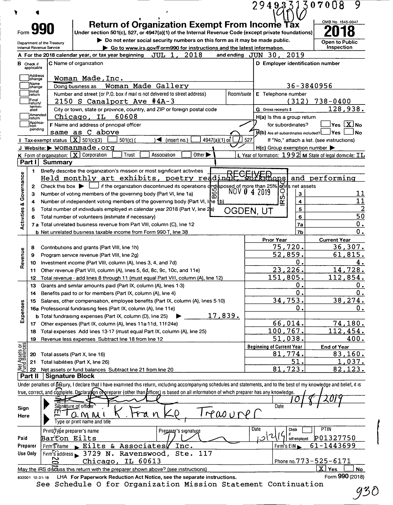 Image of first page of 2018 Form 990 for Woman Made