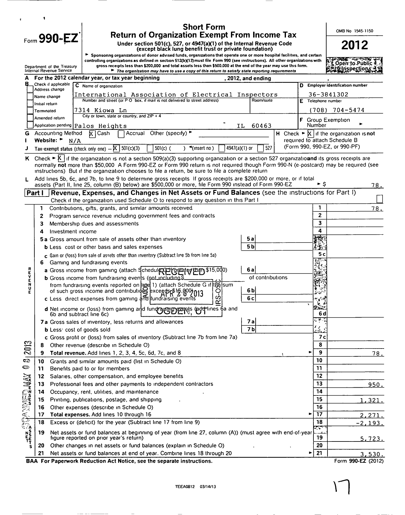 Image of first page of 2012 Form 990EZ for International Association of Electrical Inspectors / South Suburban