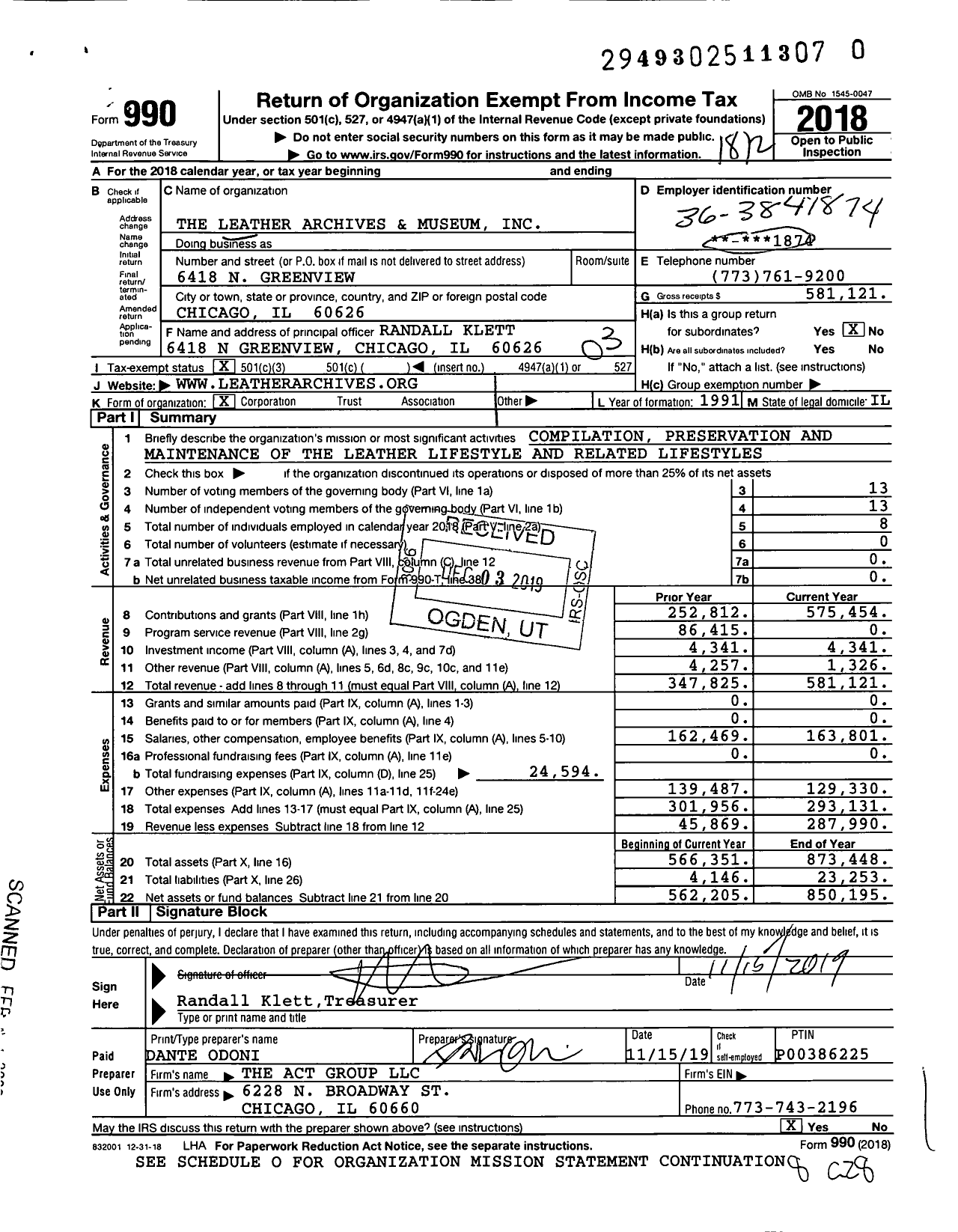 Image of first page of 2018 Form 990 for The Leather Archives and Museum