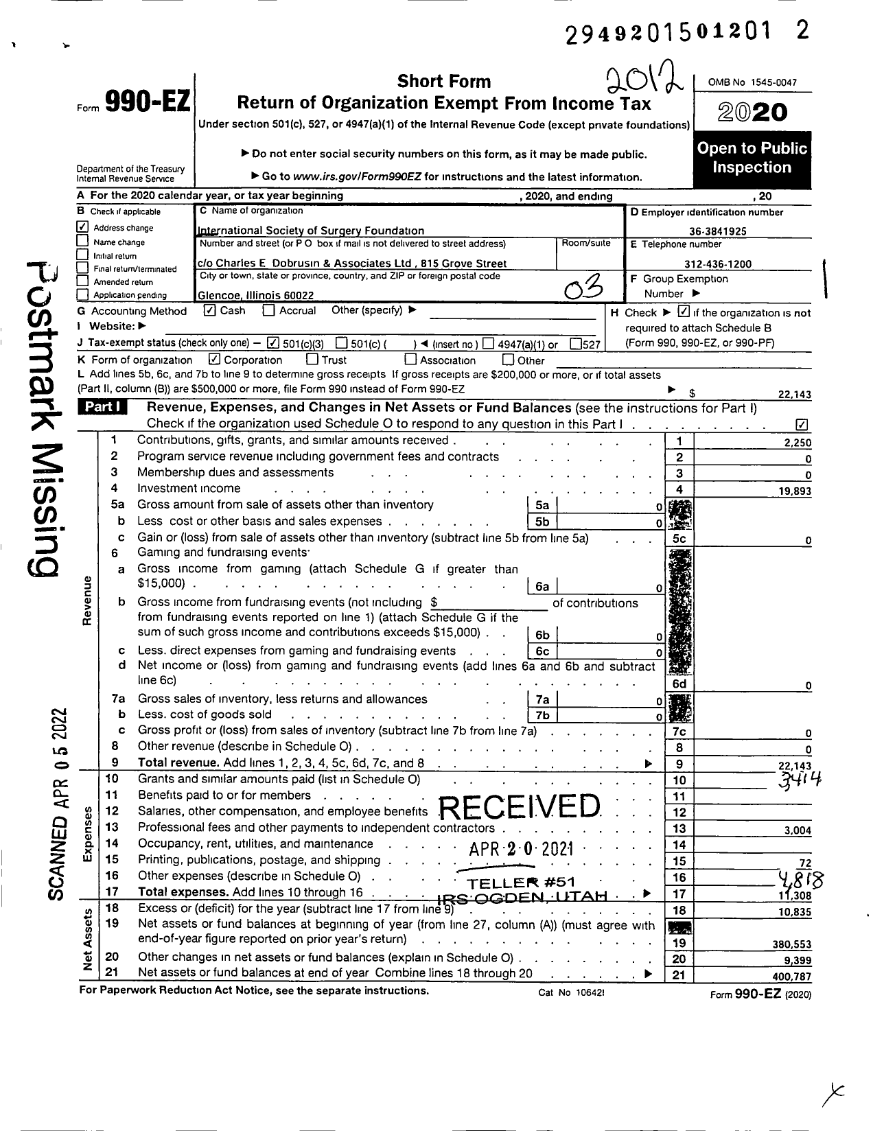 Image of first page of 2020 Form 990EZ for International Society of Surgery Foundation