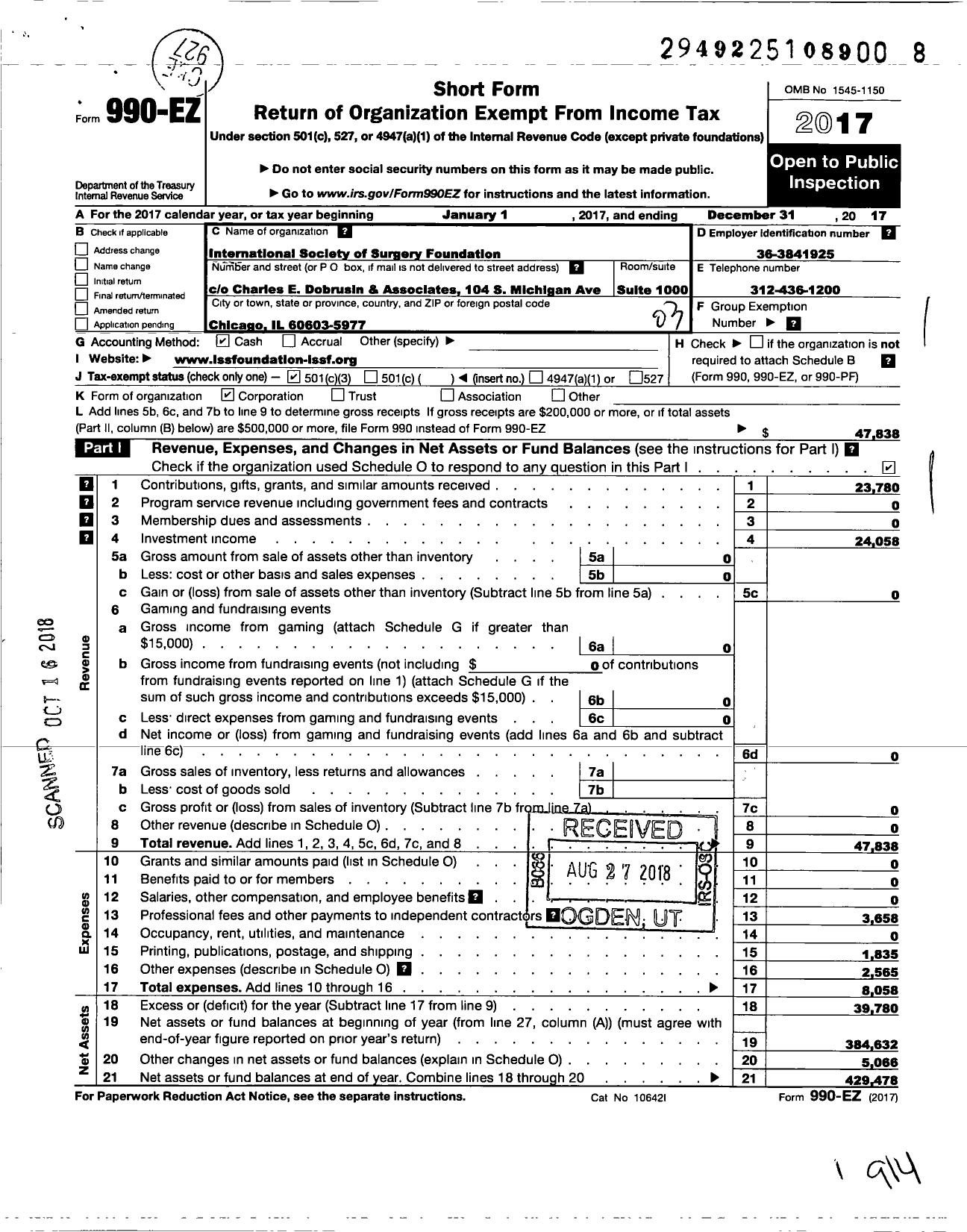 Image of first page of 2017 Form 990EZ for International Society of Surgery Foundation