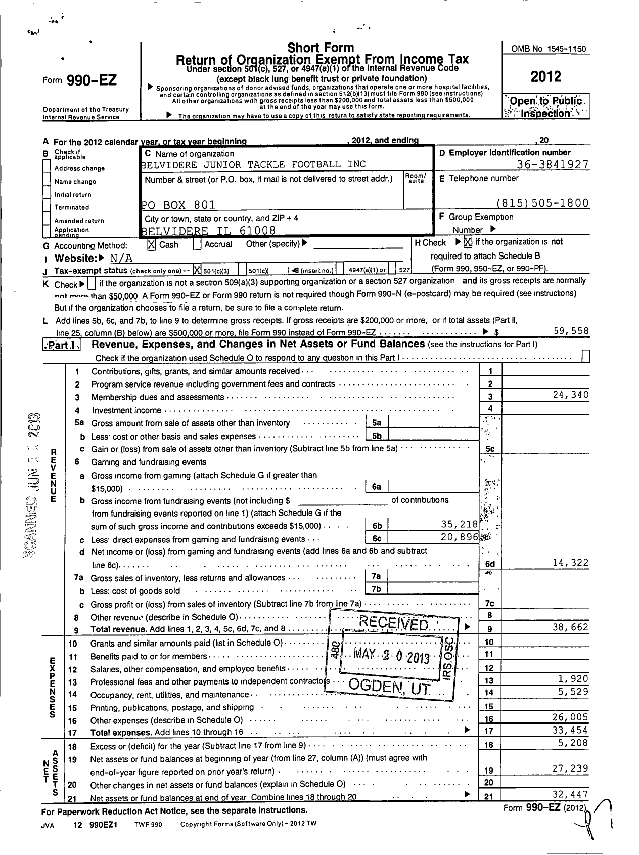 Image of first page of 2012 Form 990EZ for Belvidere Junior Tackle Football in