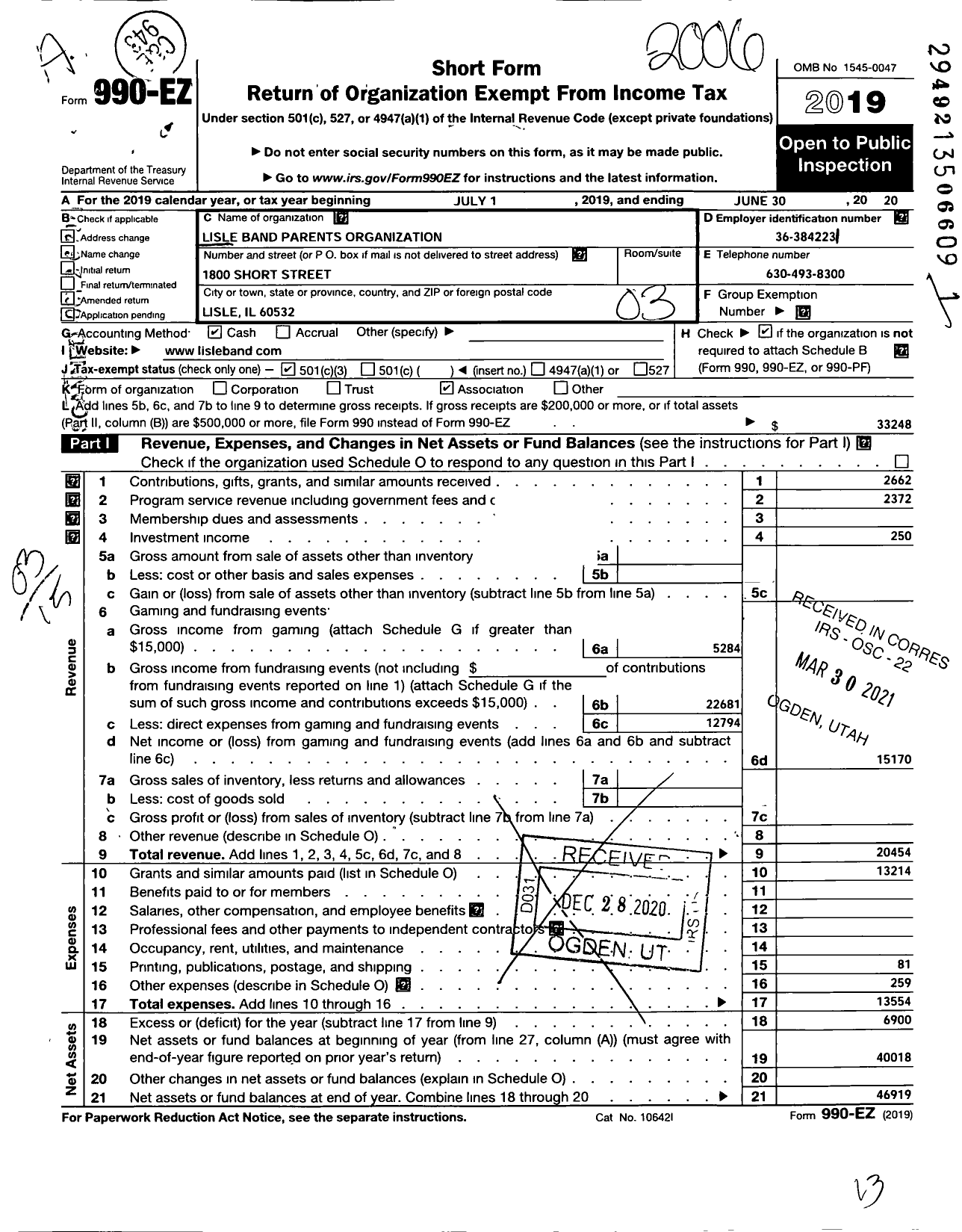 Image of first page of 2019 Form 990EZ for Lisle Band Parents Organization