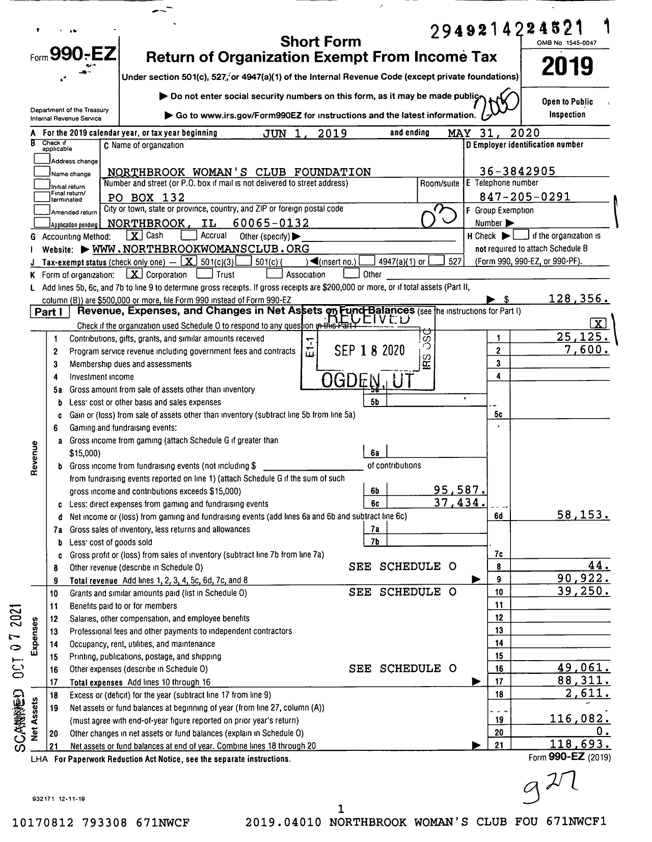 Image of first page of 2019 Form 990EZ for Northbrook Woman's Club Foundation