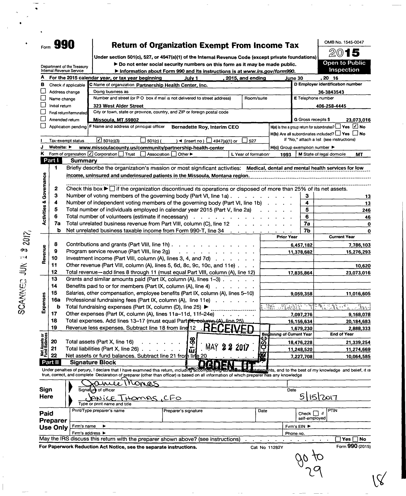 Image of first page of 2015 Form 990 for Partnership Health Center