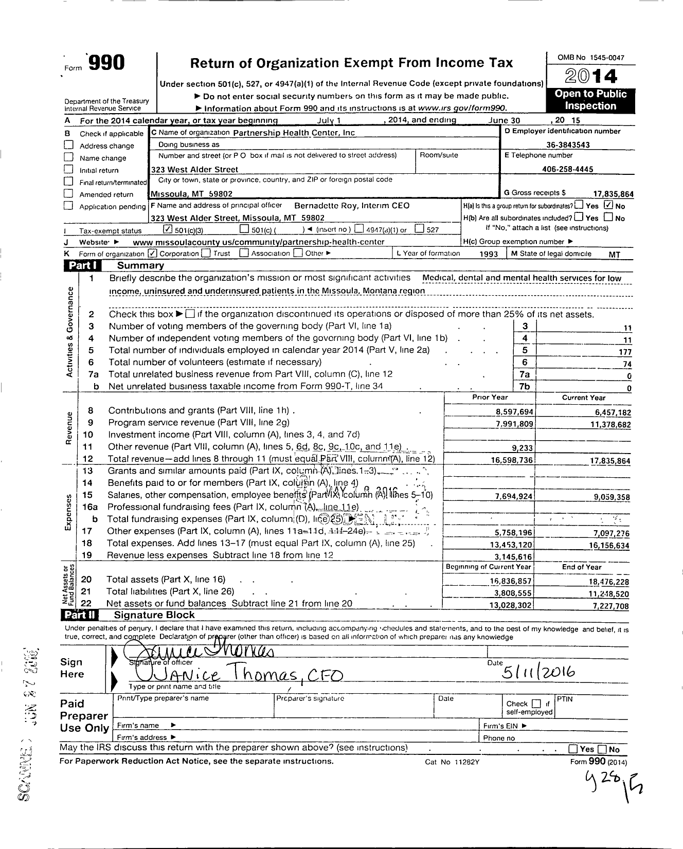Image of first page of 2014 Form 990 for Partnership Health Center