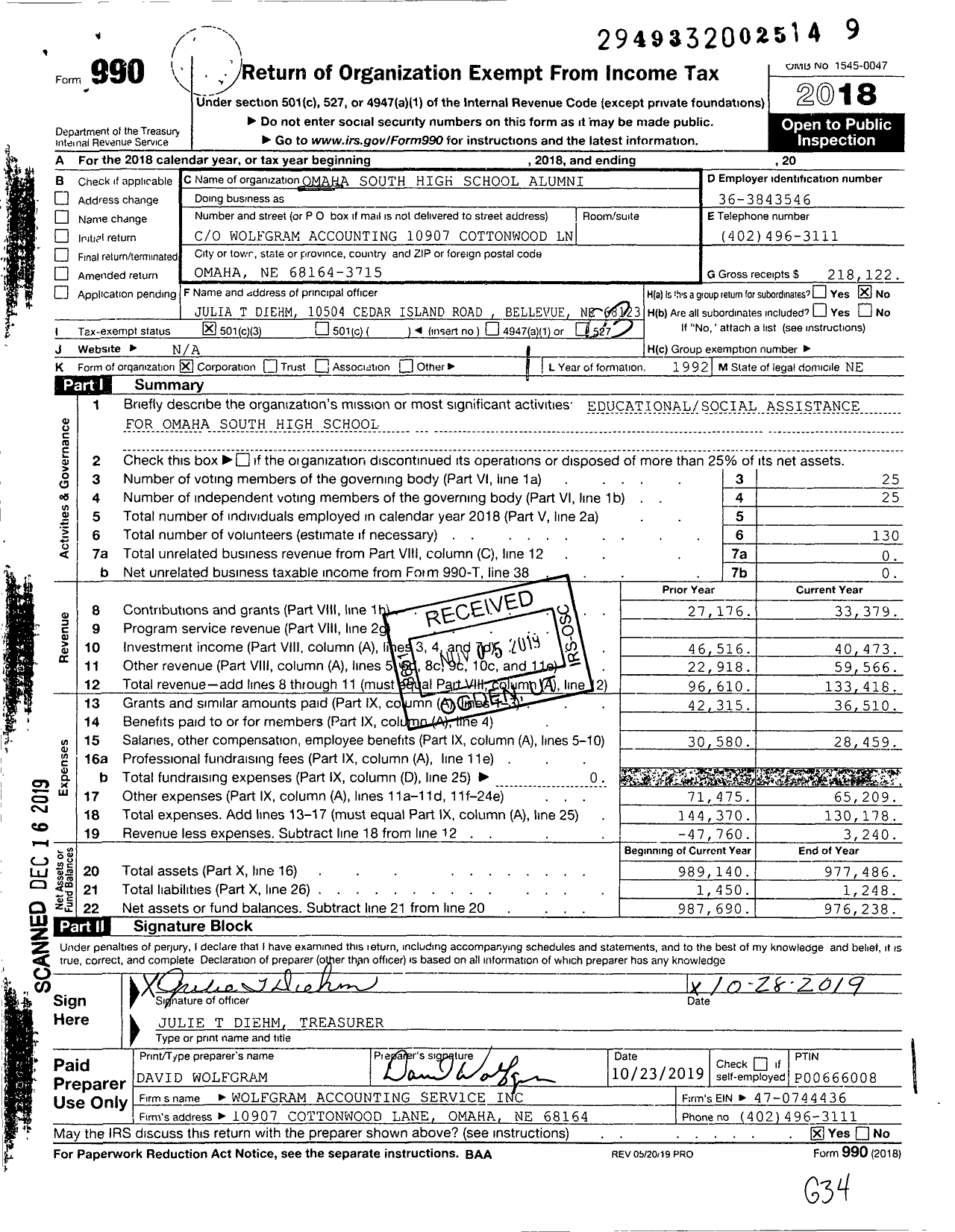 Image of first page of 2018 Form 990 for Omaha South High School Alumni