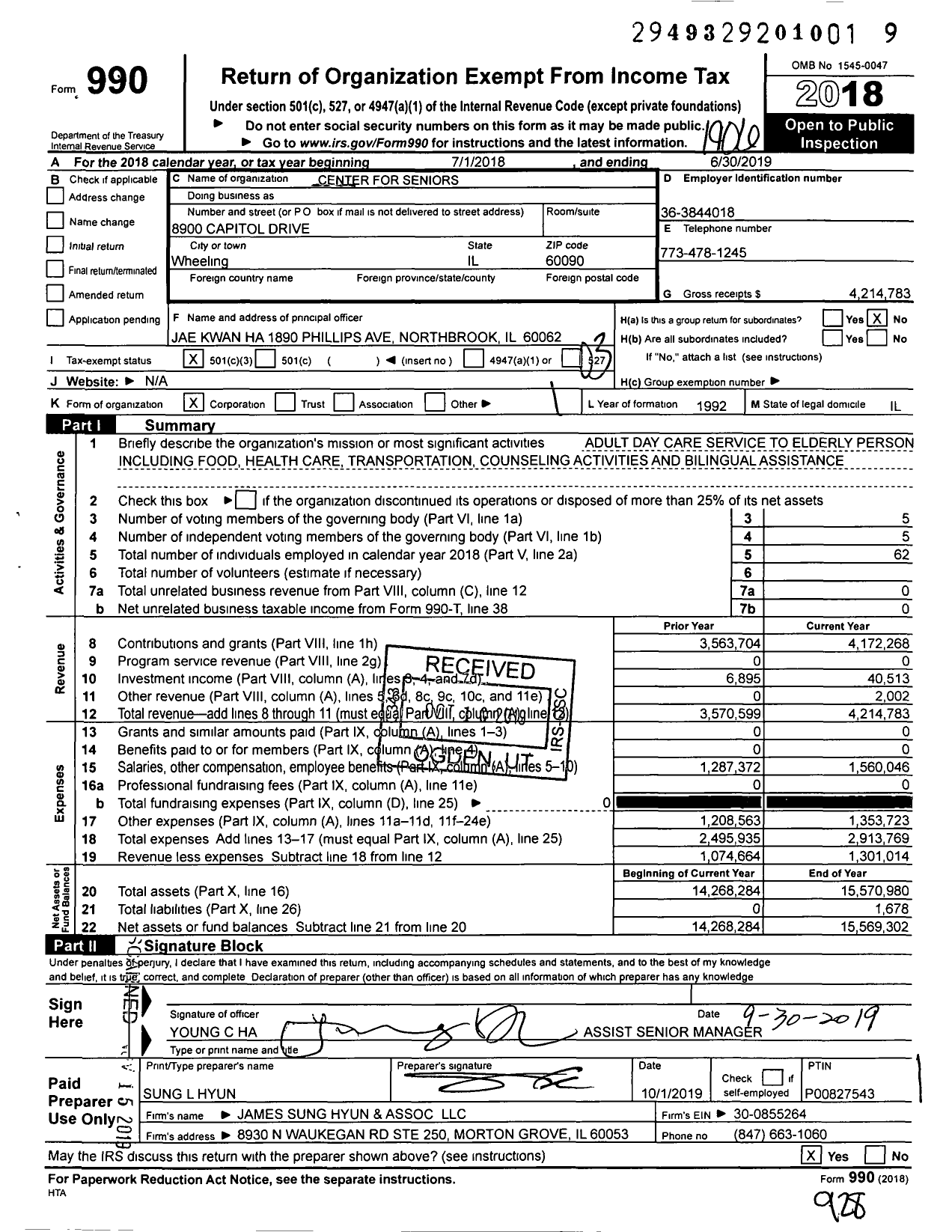 Image of first page of 2018 Form 990 for Center for Seniors