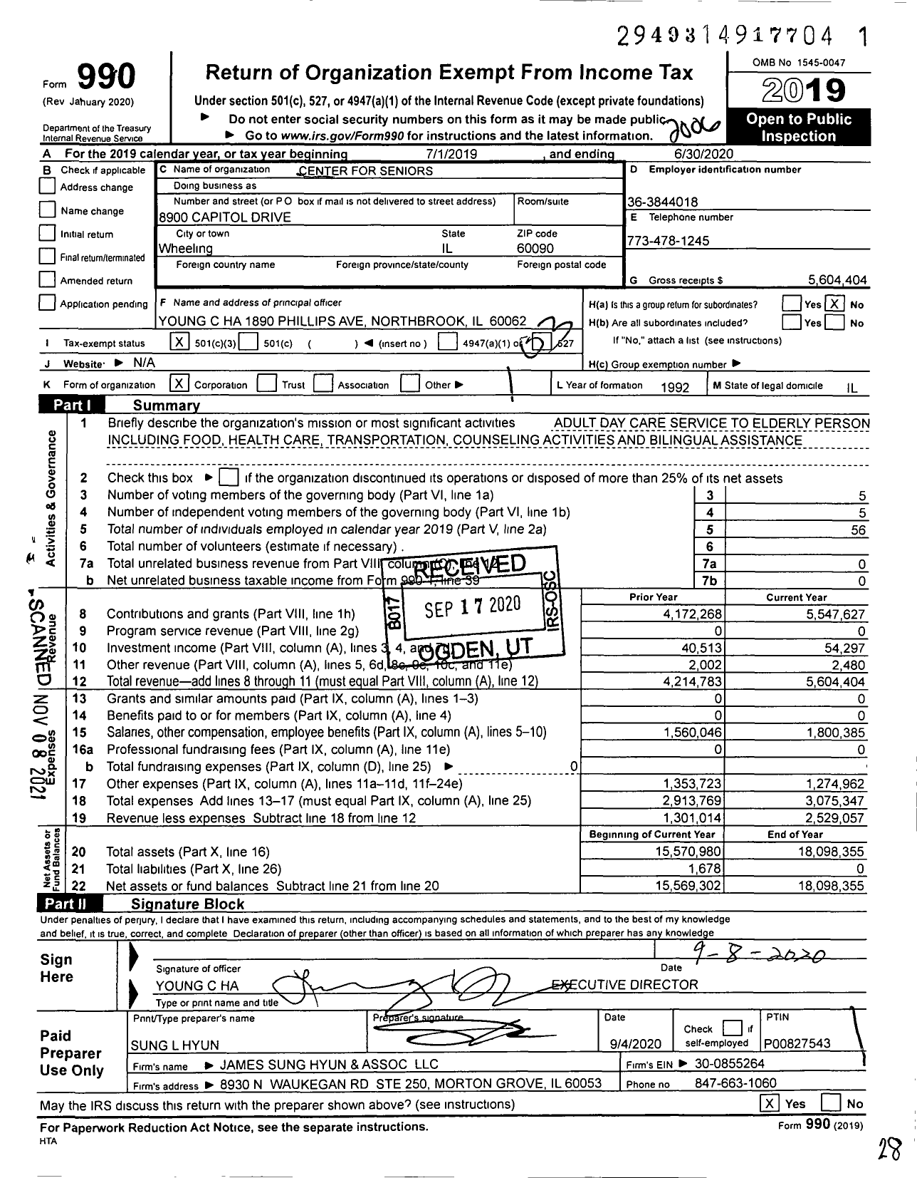 Image of first page of 2019 Form 990 for Center for Seniors