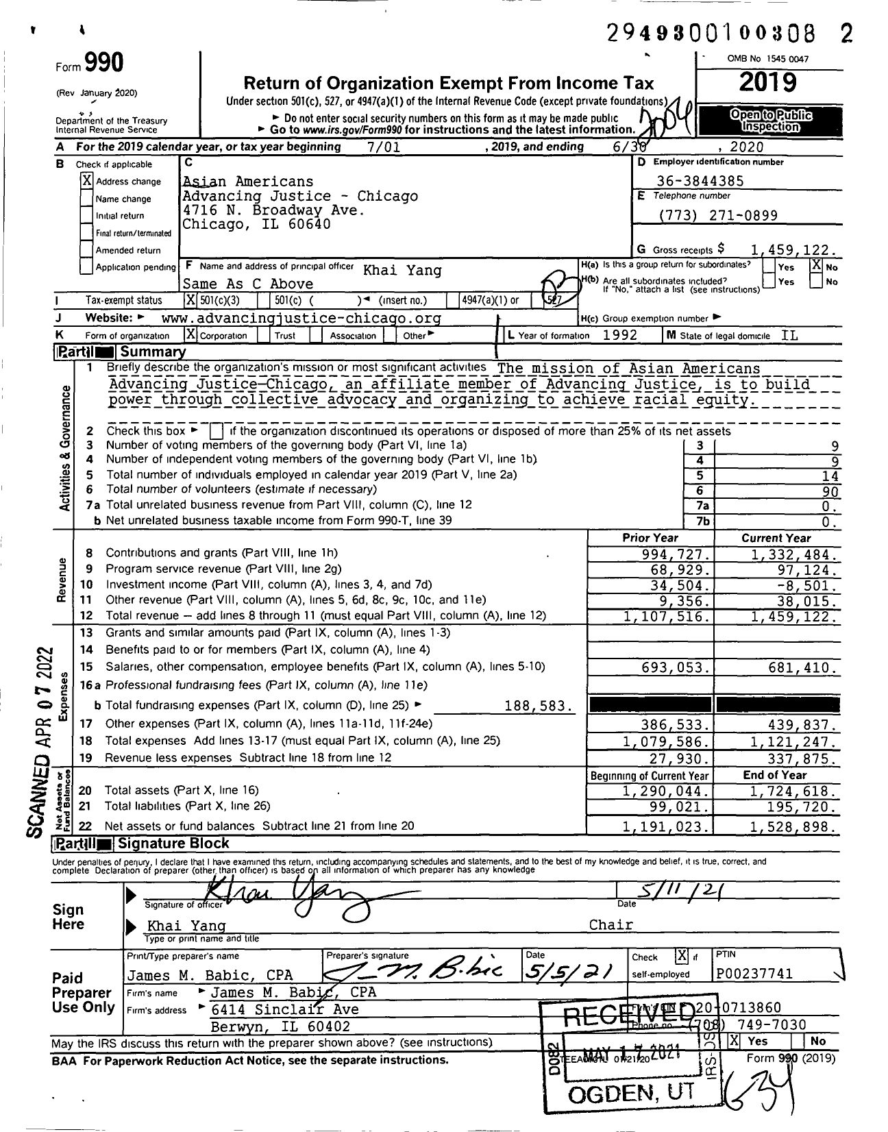 Image of first page of 2019 Form 990 for Asian Americans Advancing Justice-Chicago