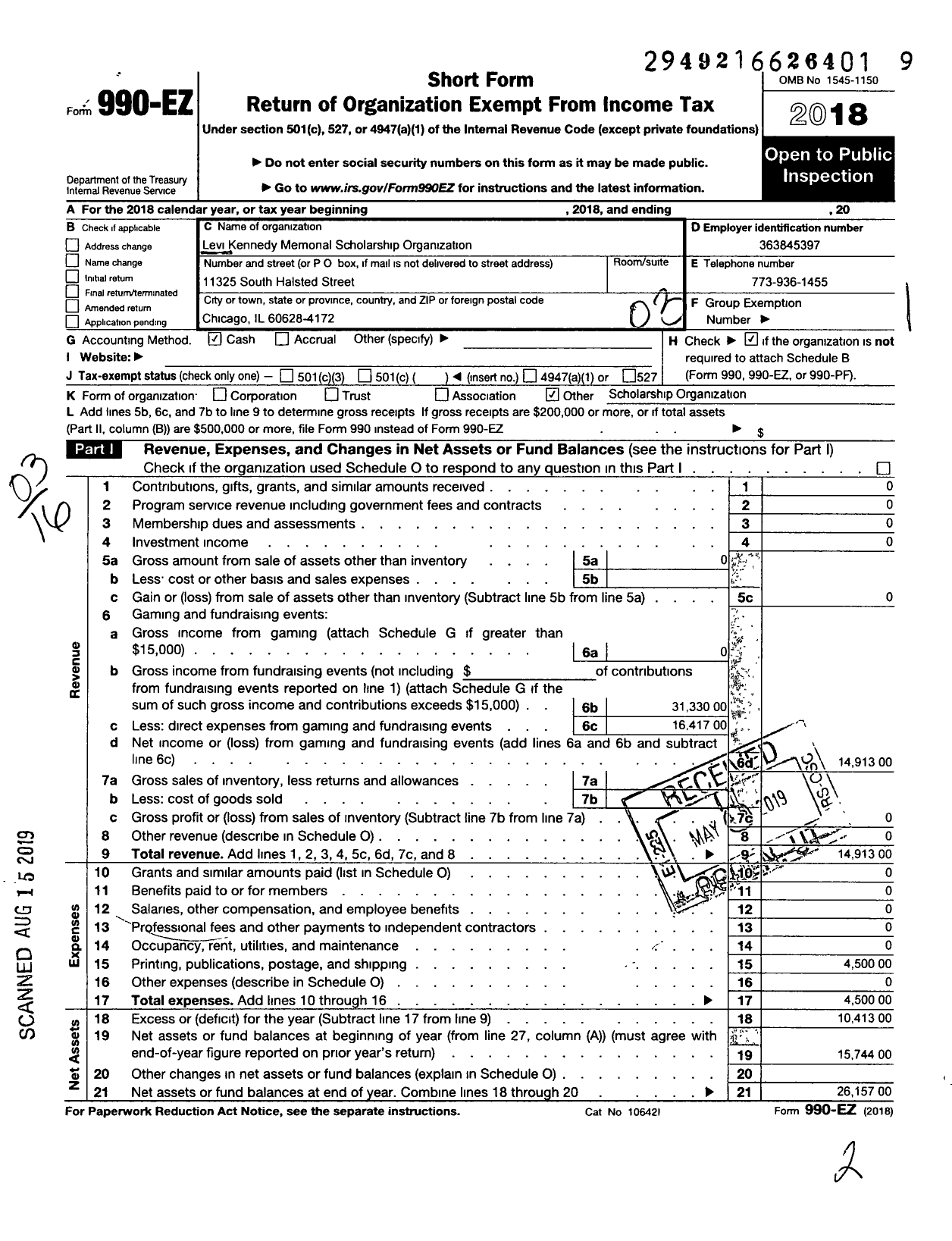 Image of first page of 2018 Form 990EZ for Levi Kennedy Scholarship Organization