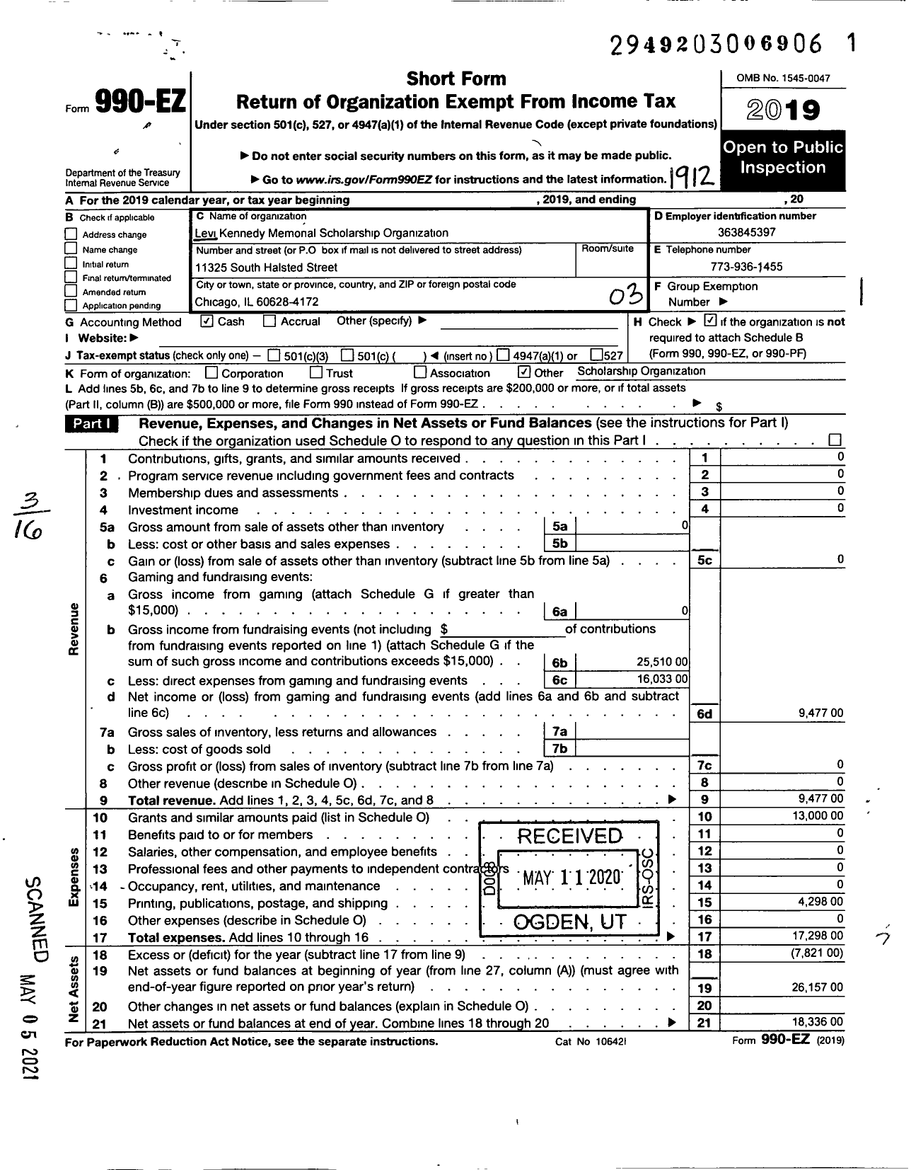 Image of first page of 2019 Form 990EZ for Levi Kennedy Scholarship Organization