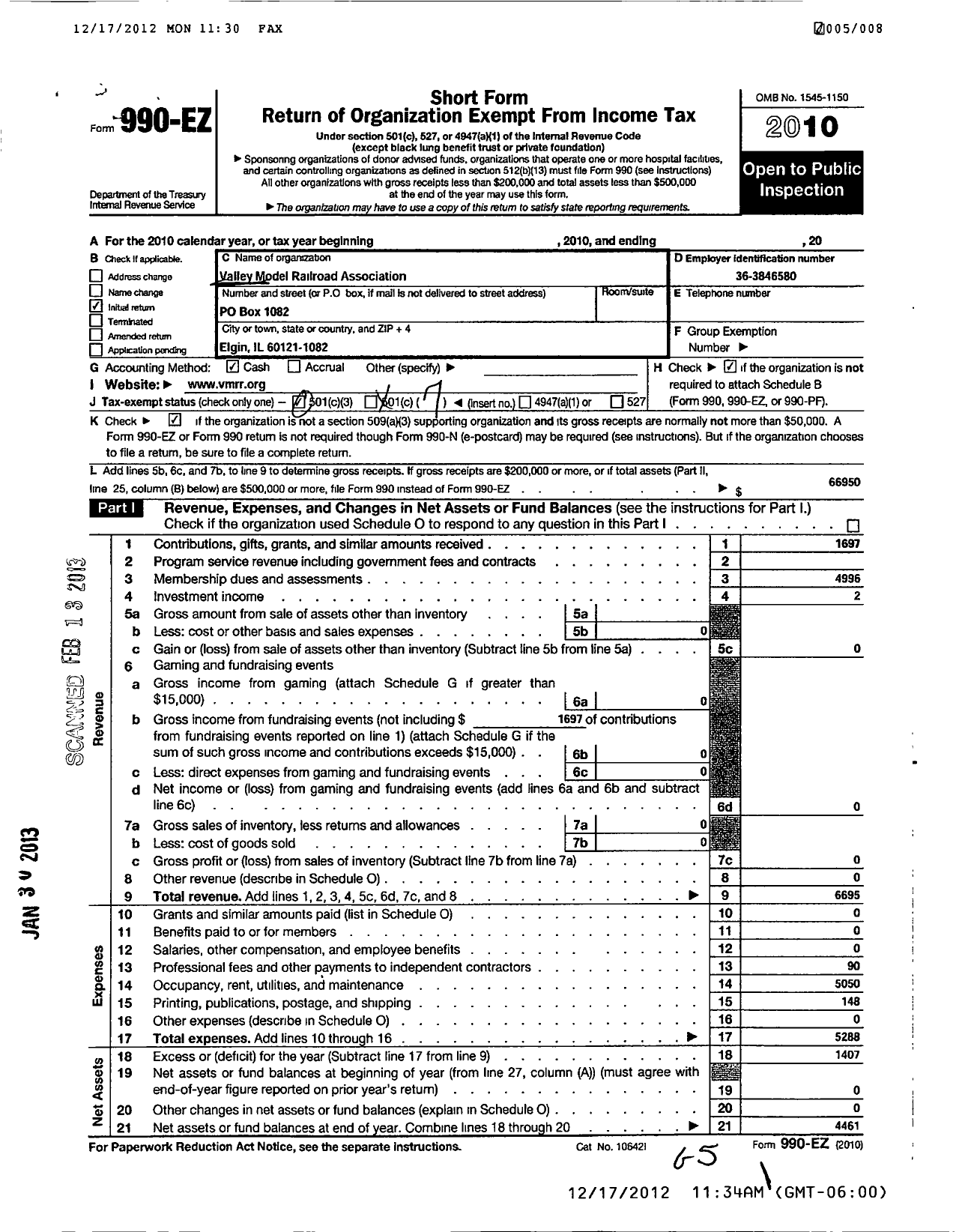 Image of first page of 2010 Form 990EO for Valley Model Railroad Association