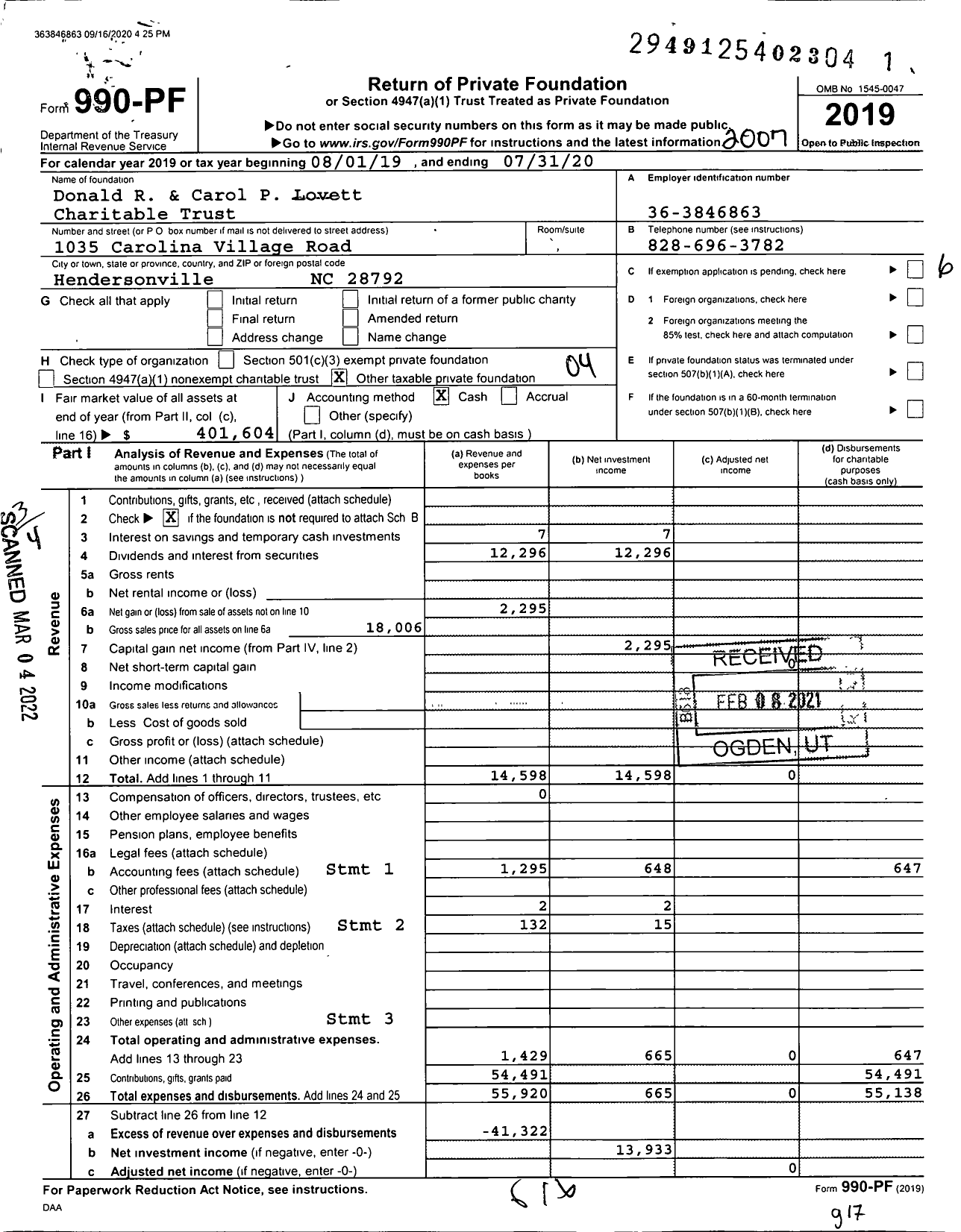 Image of first page of 2019 Form 990PF for Donald R and Carol P Lovett Charitable Trust