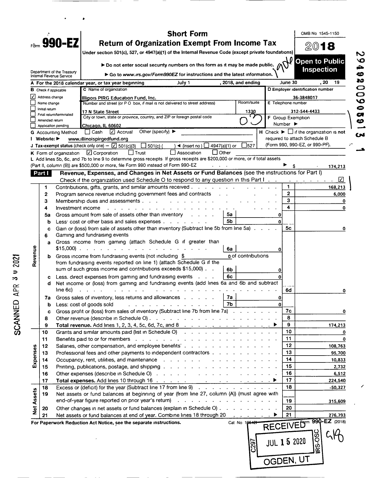 Image of first page of 2018 Form 990EZ for Illinois PIRG Education Fund