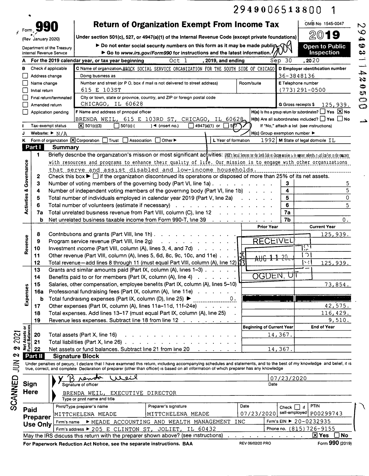 Image of first page of 2019 Form 990 for Brock Social Services Organization For The South Side Of Chicago