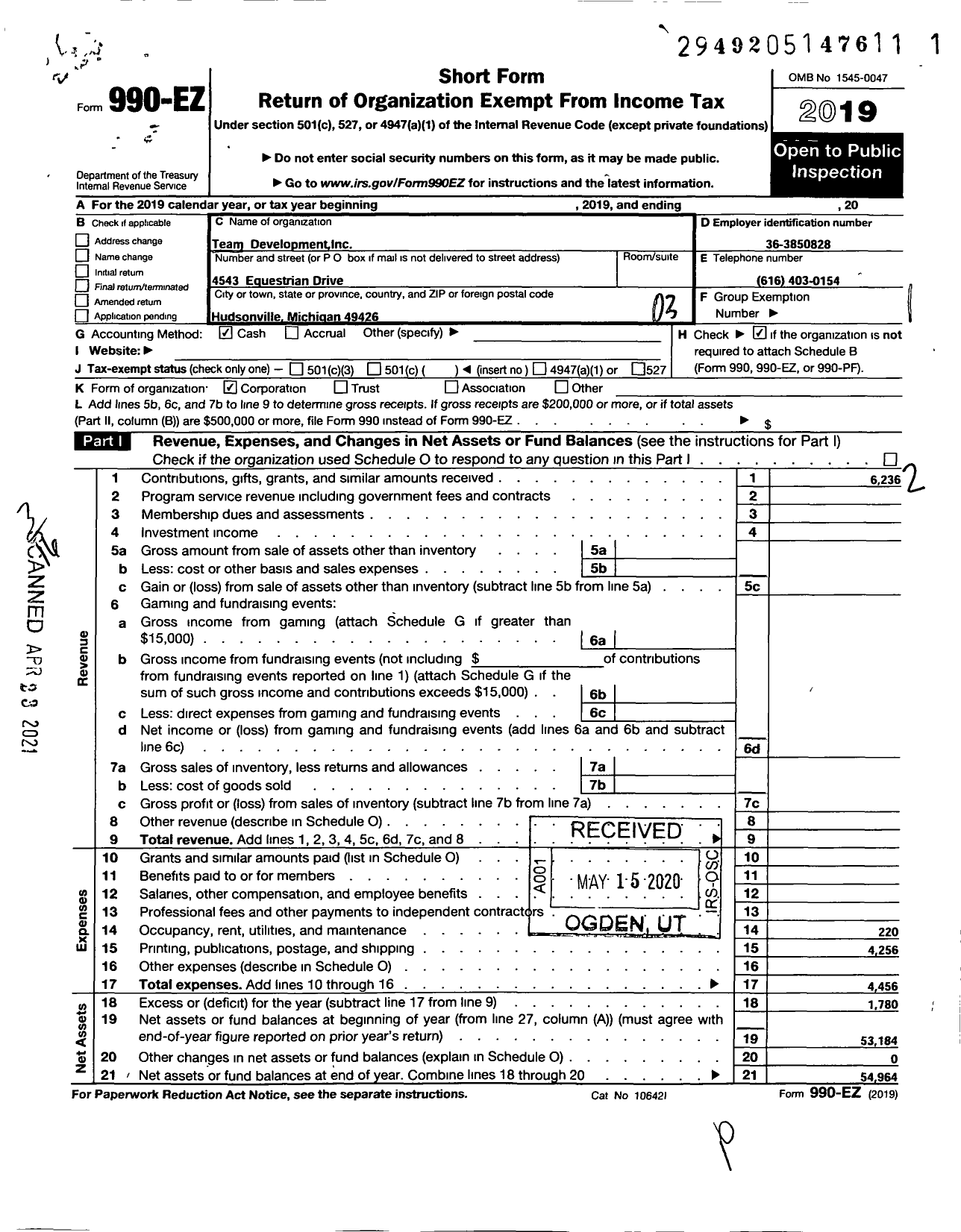 Image of first page of 2019 Form 990EZ for Team Development