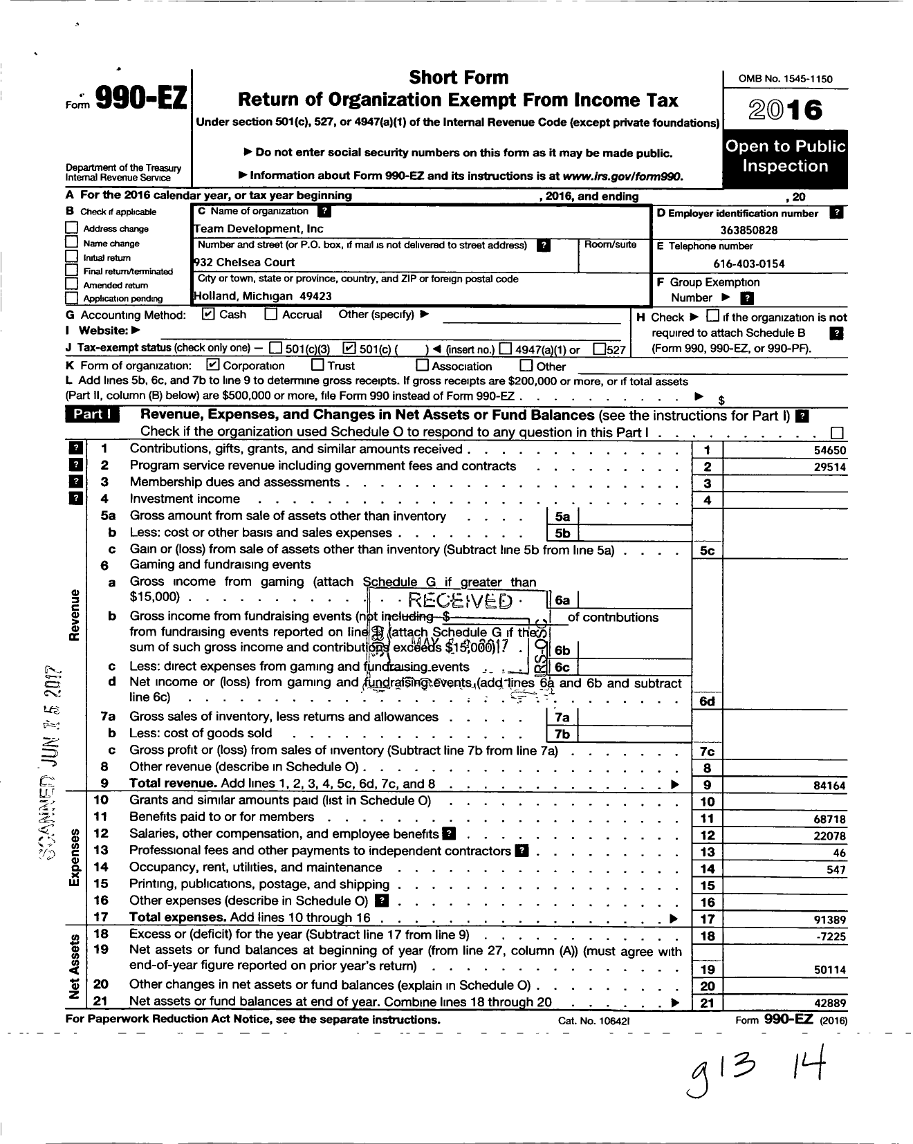 Image of first page of 2016 Form 990EO for Team Development