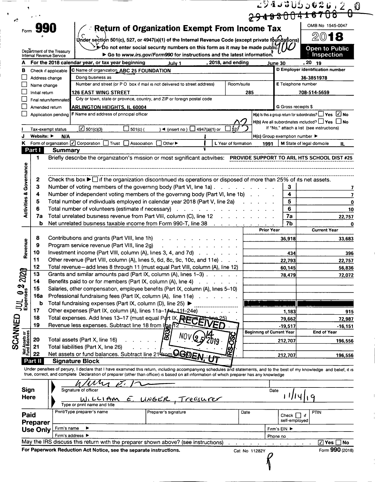 Image of first page of 2018 Form 990 for Abc 25 Foundation