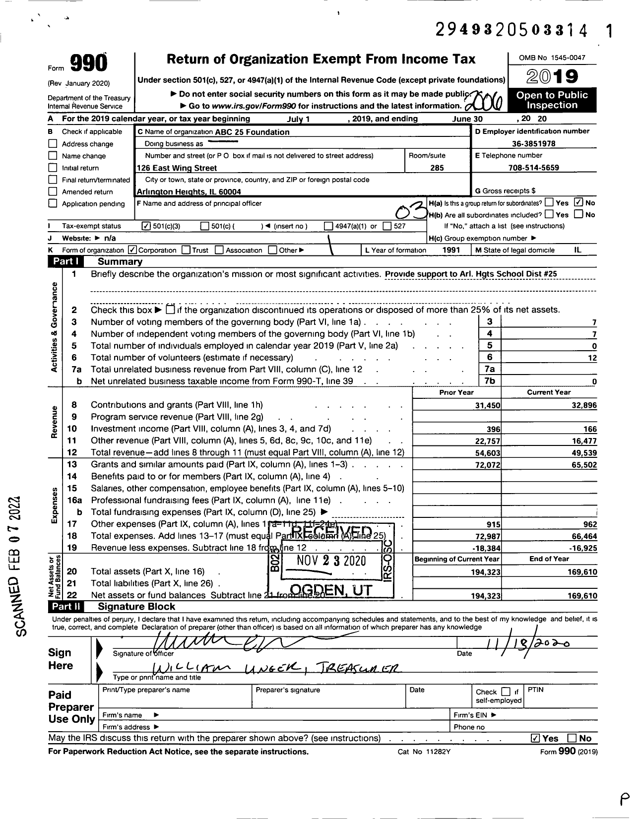 Image of first page of 2019 Form 990 for Abc 25 Foundation