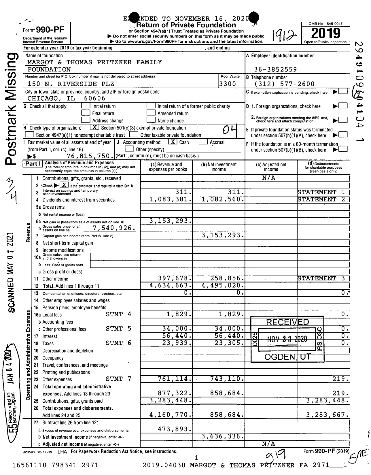 Image of first page of 2019 Form 990PF for Margot and Thomas Pritzker Family Foundation