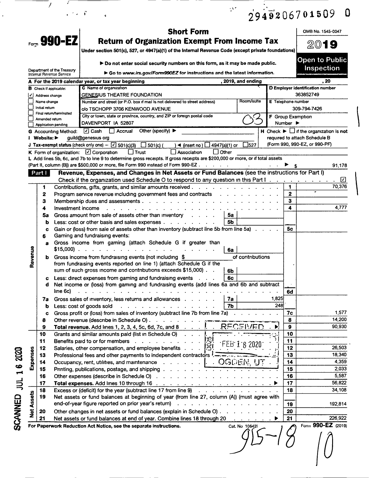 Image of first page of 2019 Form 990EZ for Genesius Theatre Foundation