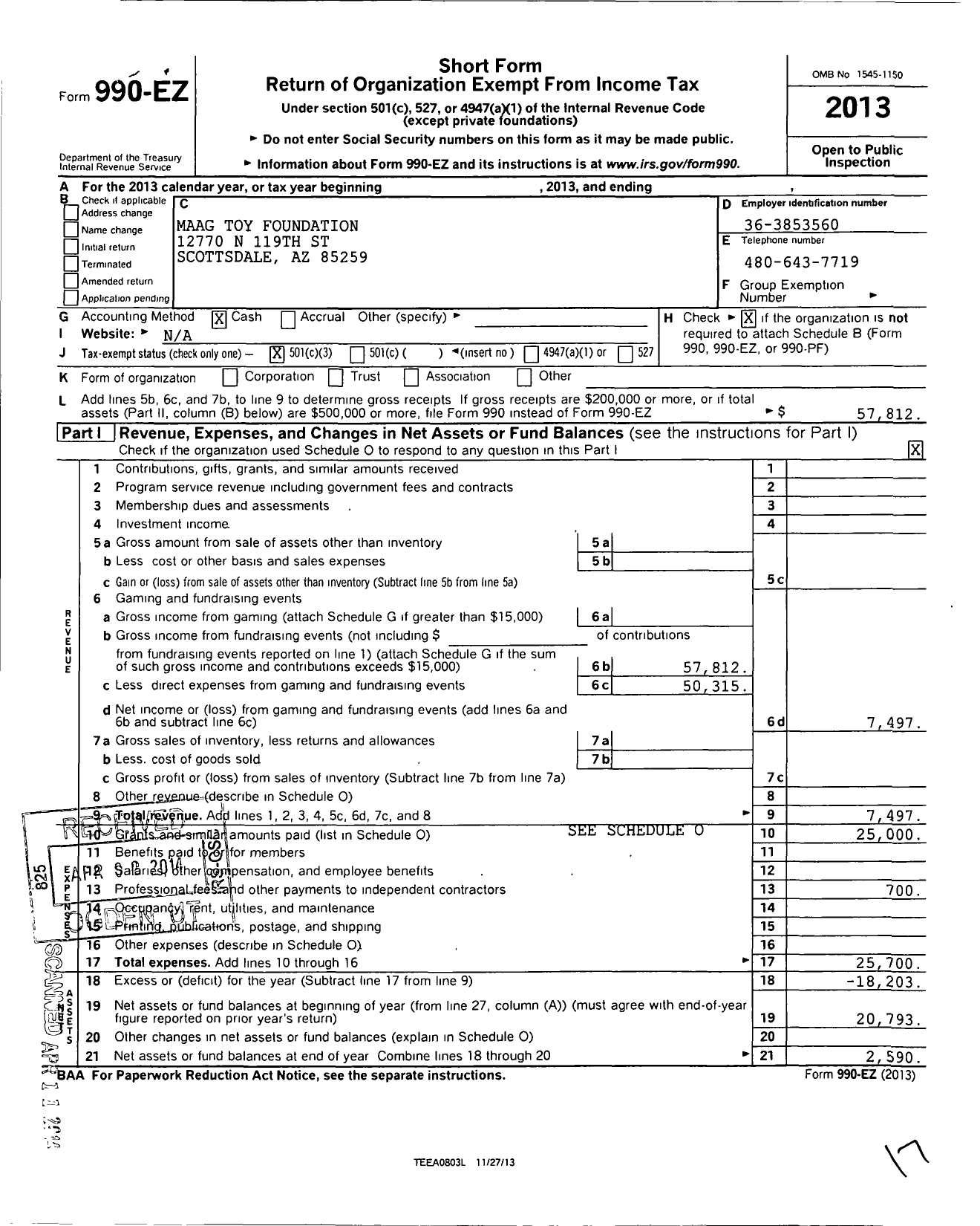 Image of first page of 2013 Form 990EZ for Maag Toy Foundation