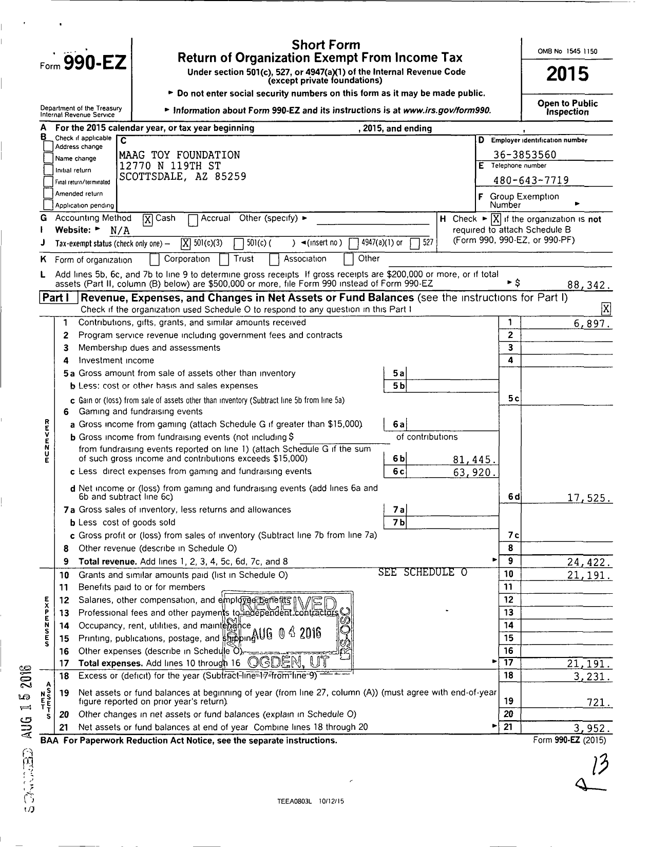 Image of first page of 2015 Form 990EZ for Maag Toy Foundation