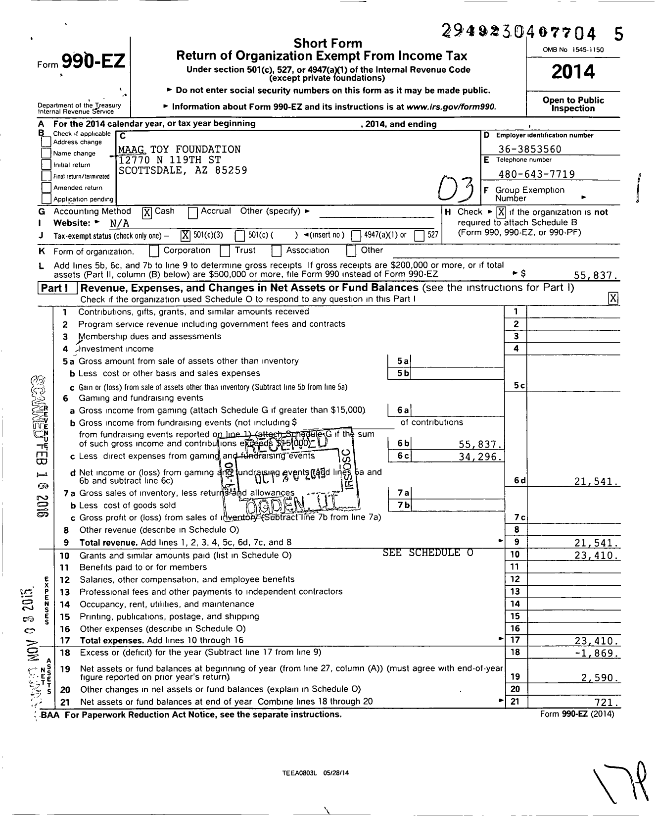 Image of first page of 2014 Form 990EZ for Maag Toy Foundation