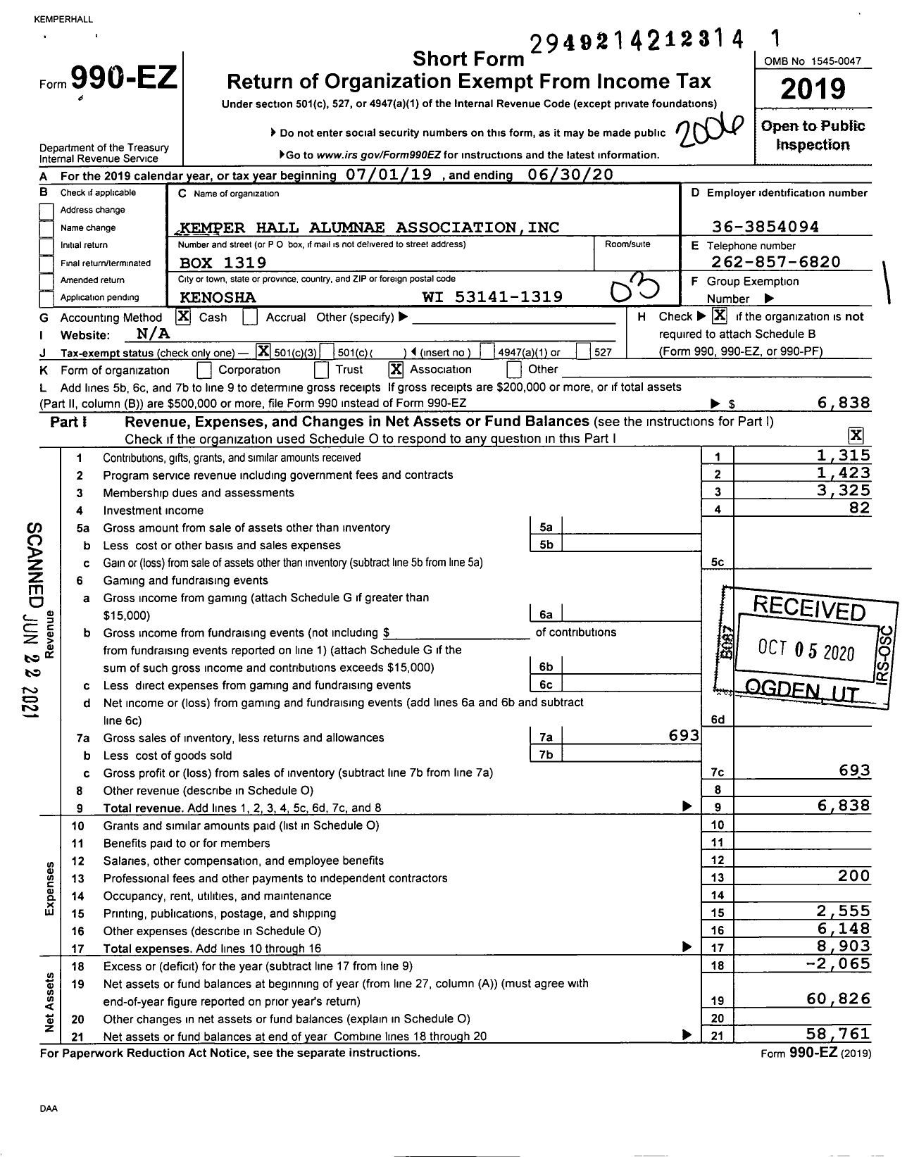 Image of first page of 2019 Form 990EZ for Kemper Hall Alumnae Association