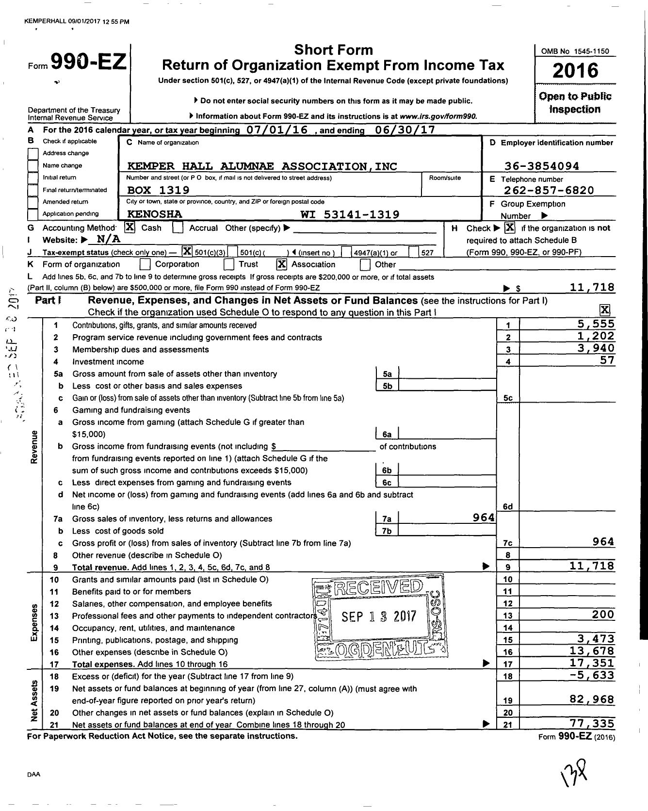 Image of first page of 2016 Form 990EZ for Kemper Hall Alumnae Association