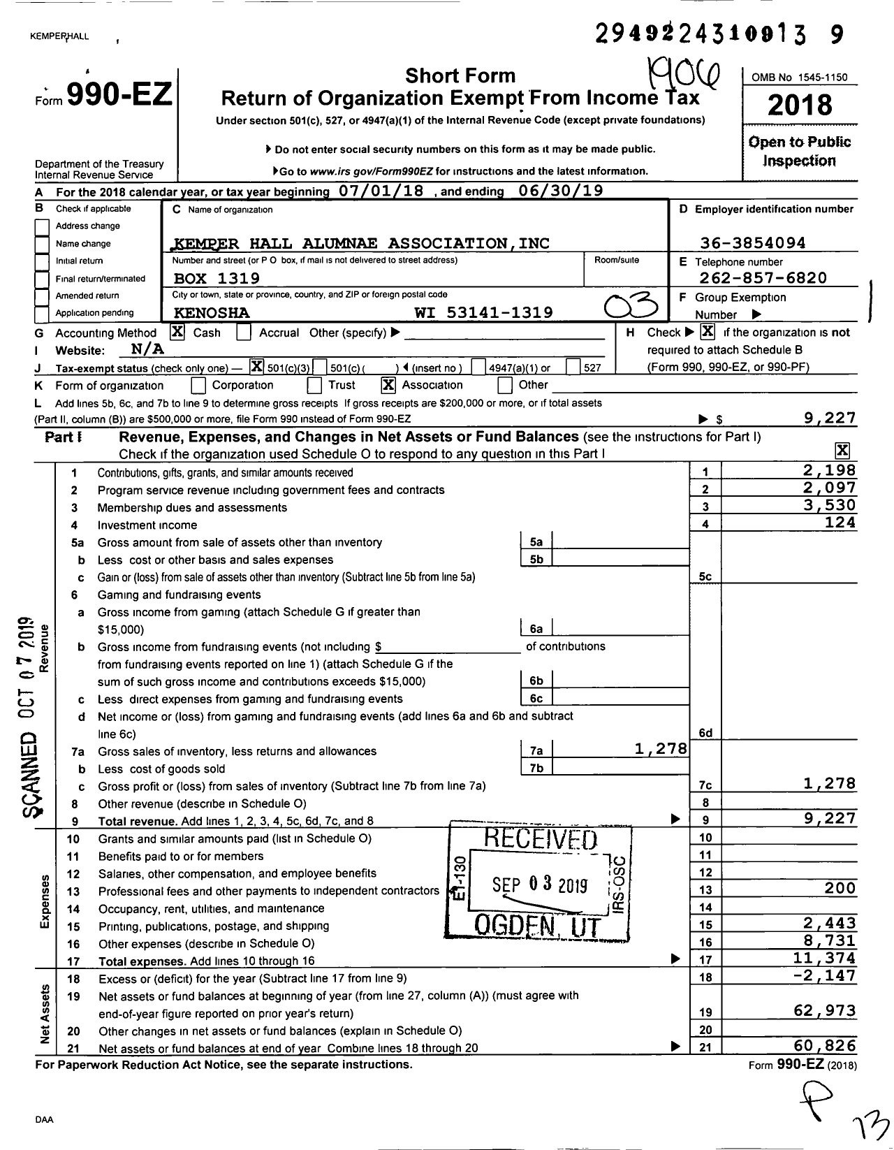 Image of first page of 2018 Form 990EZ for Kemper Hall Alumnae Association