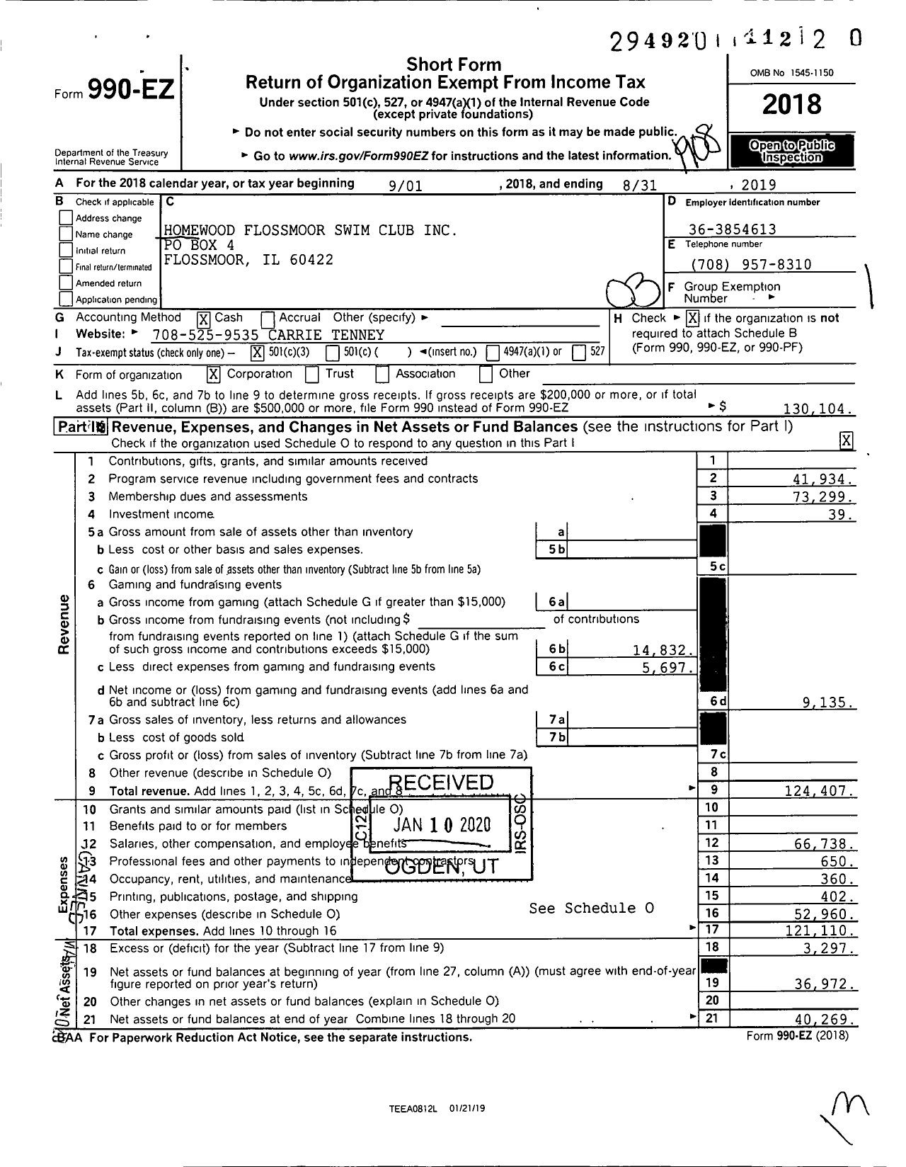 Image of first page of 2018 Form 990EZ for Homewood Flossmoor Swim Club