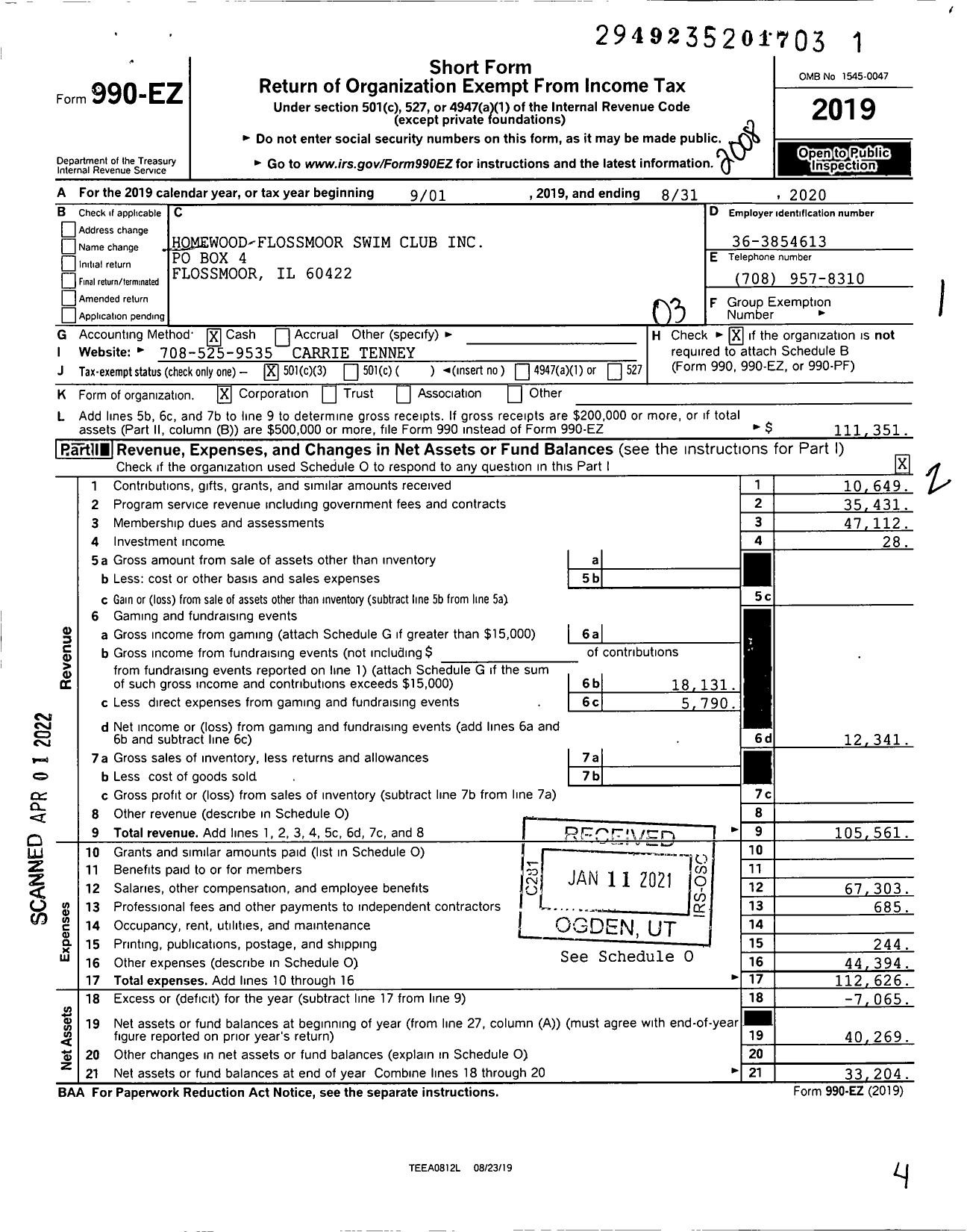 Image of first page of 2019 Form 990EZ for Homewood Flossmoor Swim Club