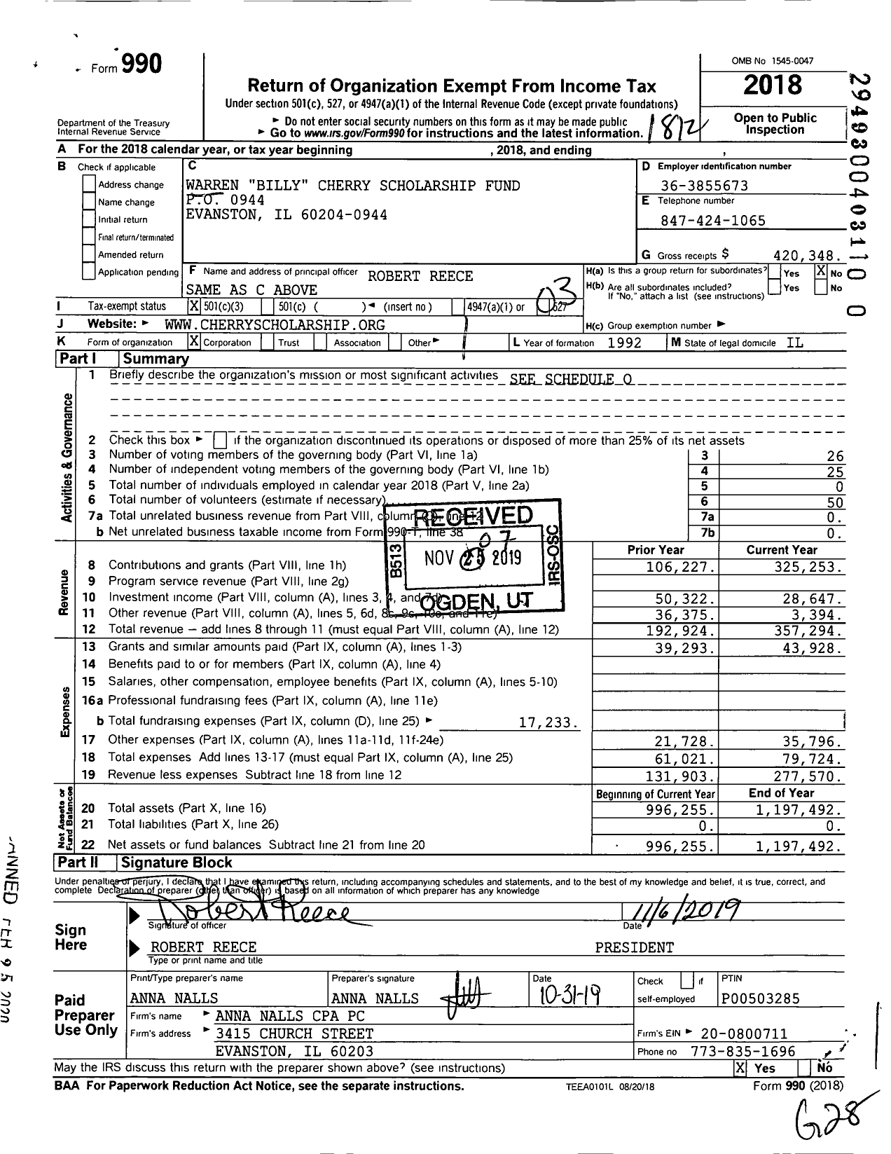 Image of first page of 2018 Form 990 for Warren Billy Cherry Scholarship Fund