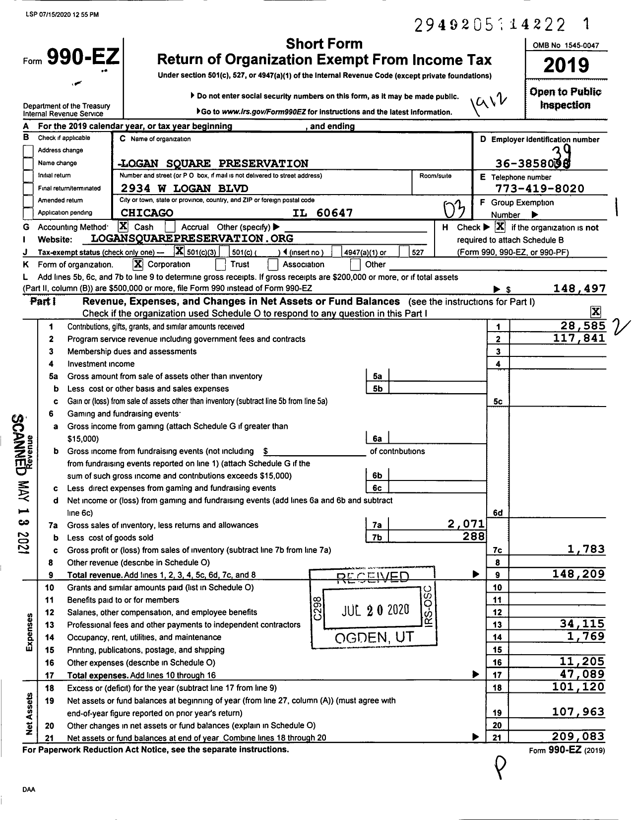 Image of first page of 2019 Form 990EZ for Logan Square Preservation