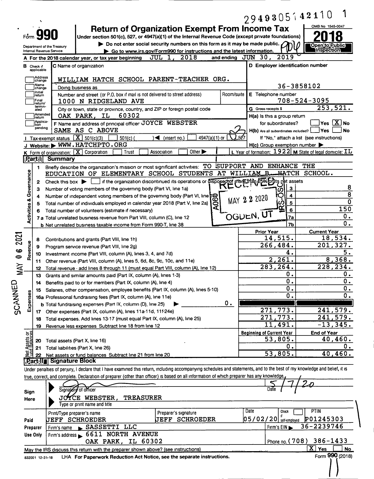 Image of first page of 2018 Form 990 for William Hatch School Parent-Teacher Org