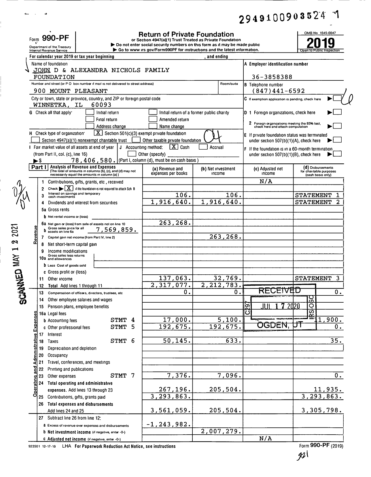 Image of first page of 2019 Form 990PF for John D and Alexandra Nichols Family Foundation