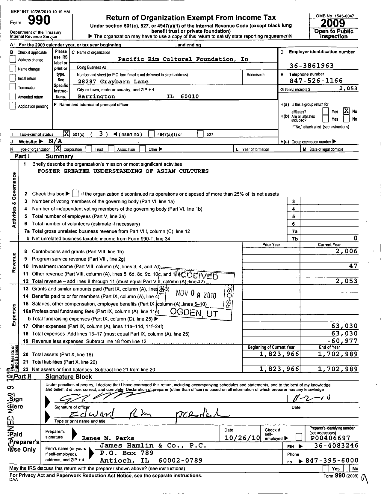 Image of first page of 2009 Form 990 for Pacific Rim Cultural Foundation in